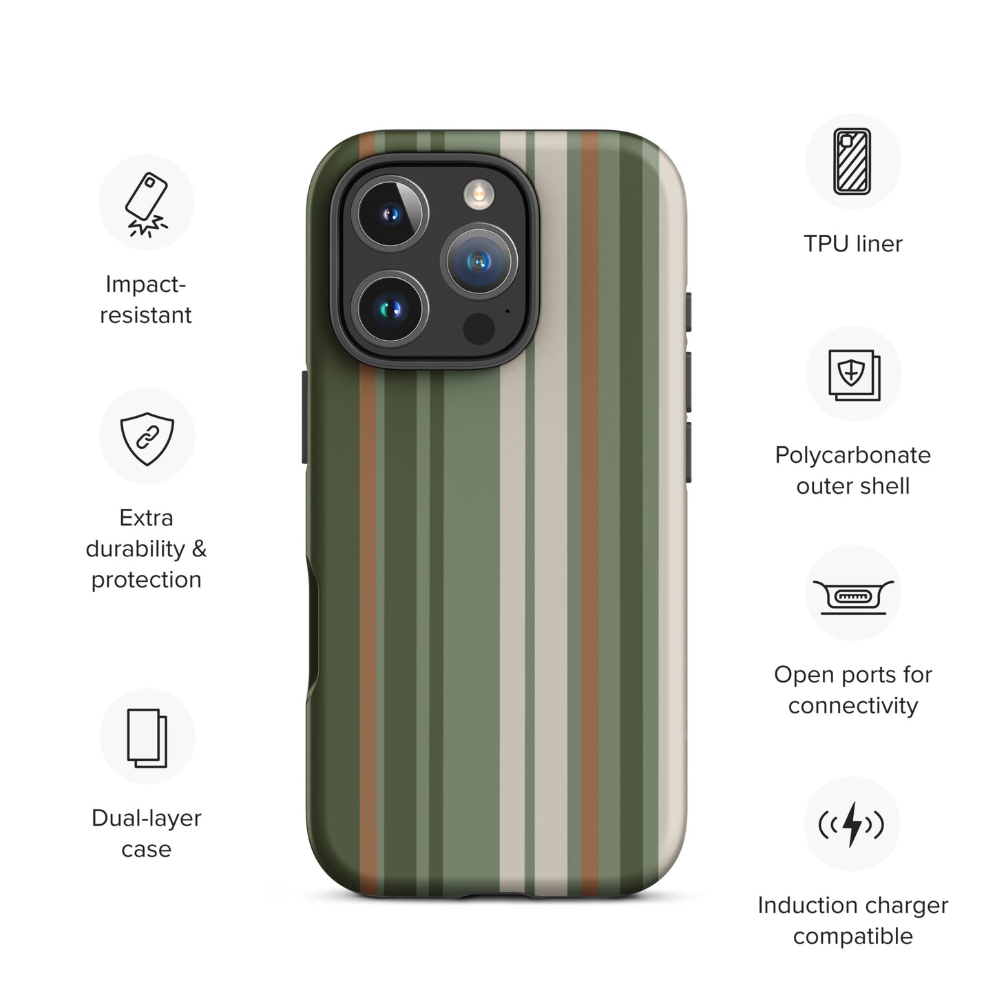 iPhone case with vertical stripes in earthy green, taupe, and brown tones, modern minimalist tough case design.