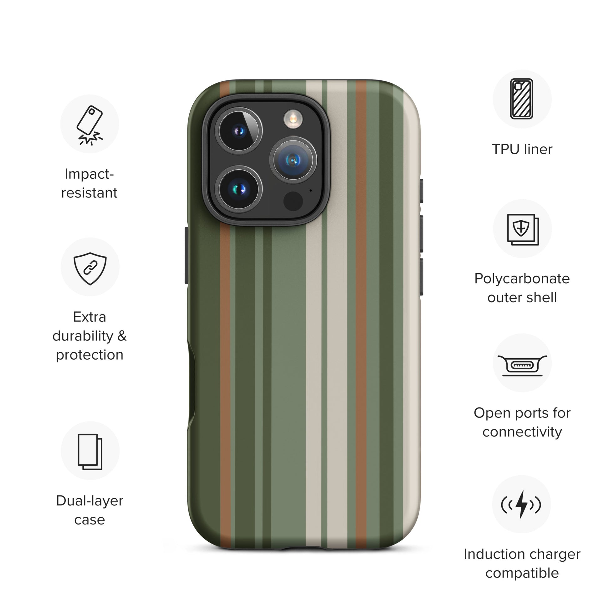 iPhone case with vertical stripes in earthy green, taupe, and brown tones, modern minimalist tough case design.