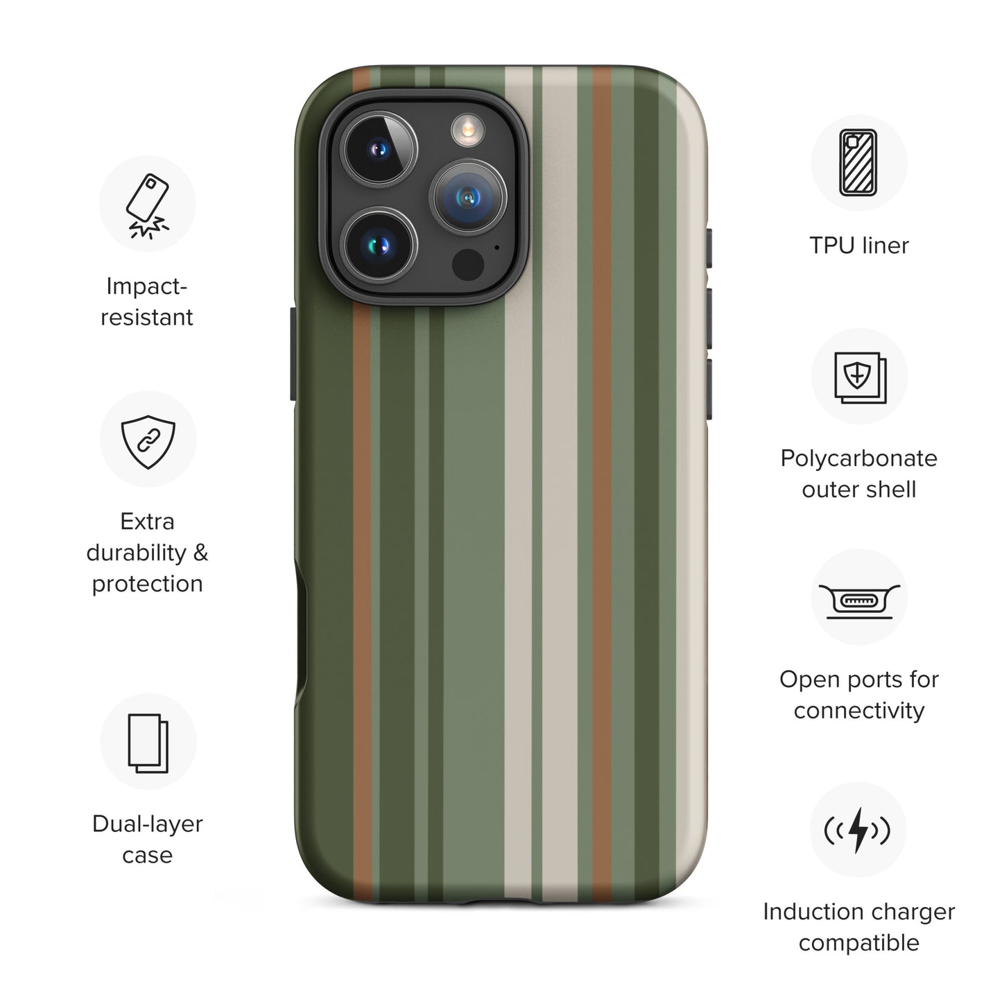 iPhone case with vertical stripes in earthy green, taupe, and brown tones, modern minimalist tough case design.