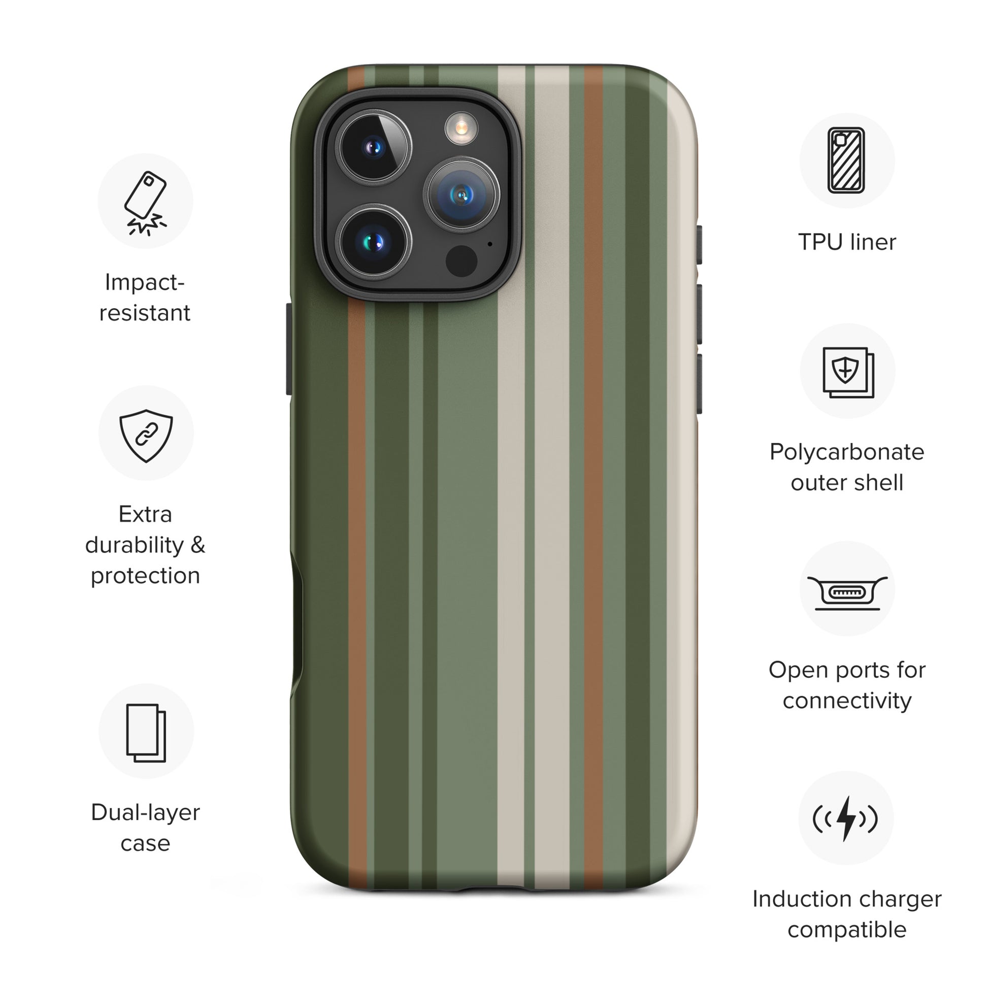 iPhone case with vertical stripes in earthy green, taupe, and brown tones, modern minimalist tough case design.