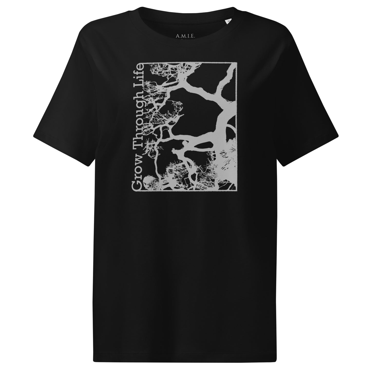 Women’s organic ribbed neck t-shirt with symbolic tree artwork representing growth