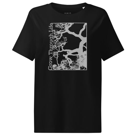 Women’s organic ribbed neck t-shirt with symbolic tree artwork representing growth