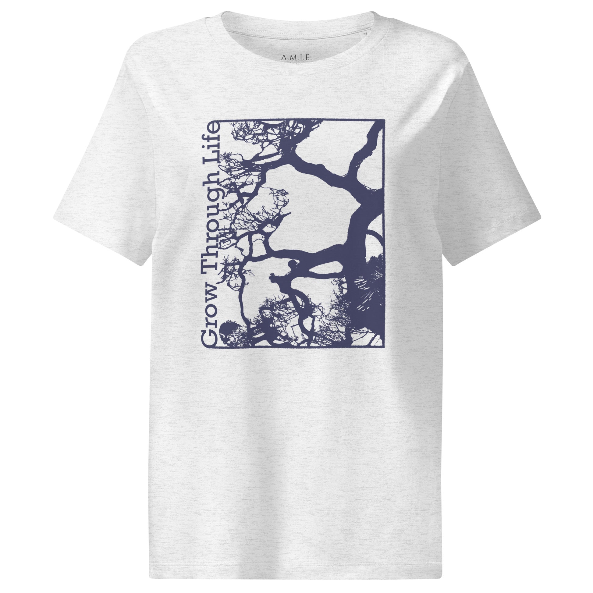 Cool heather grey organic cotton t-shirt with Grow Through Life tree graphic 