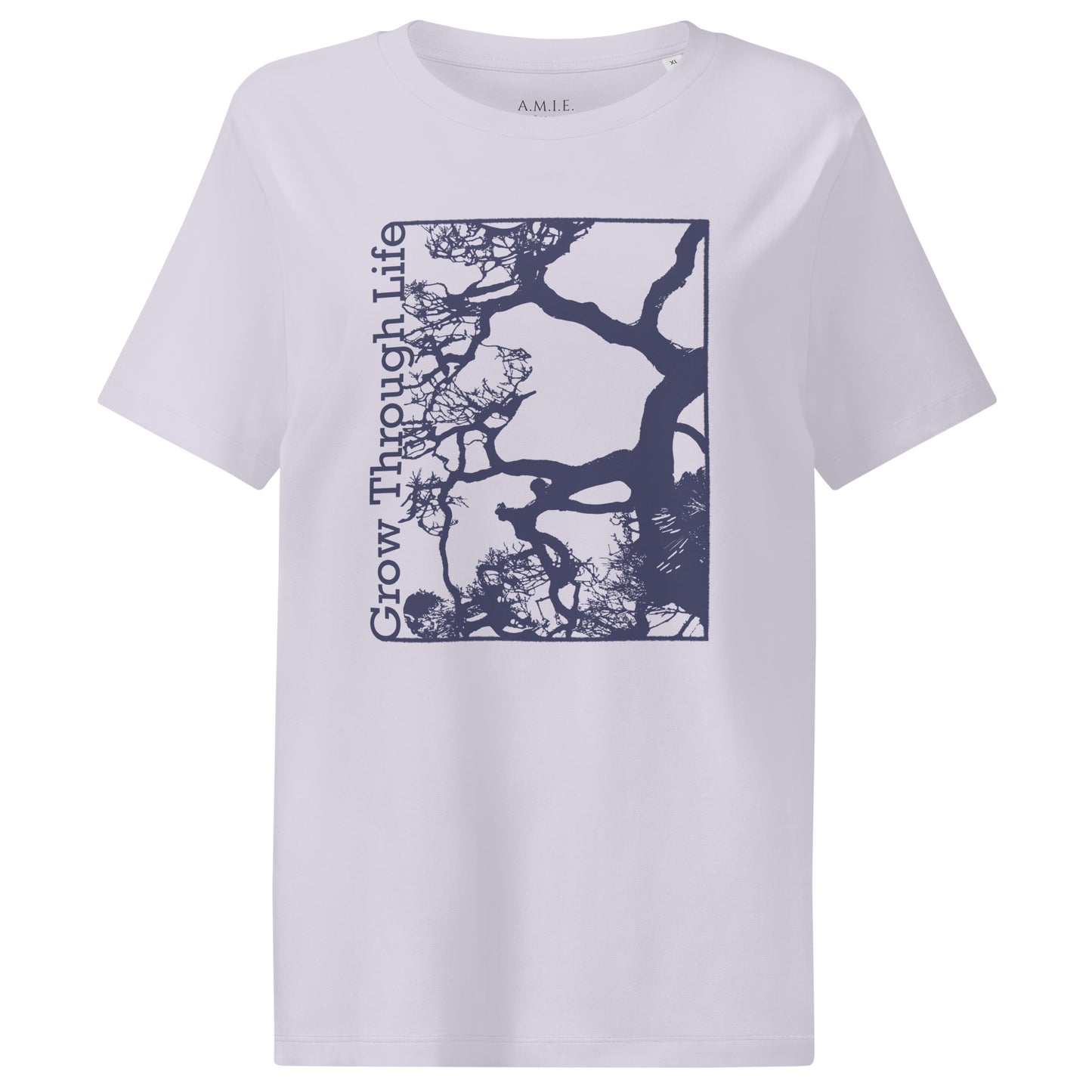 Lavender organic cotton t-shirt with symbolic tree design and Grow Through Life text