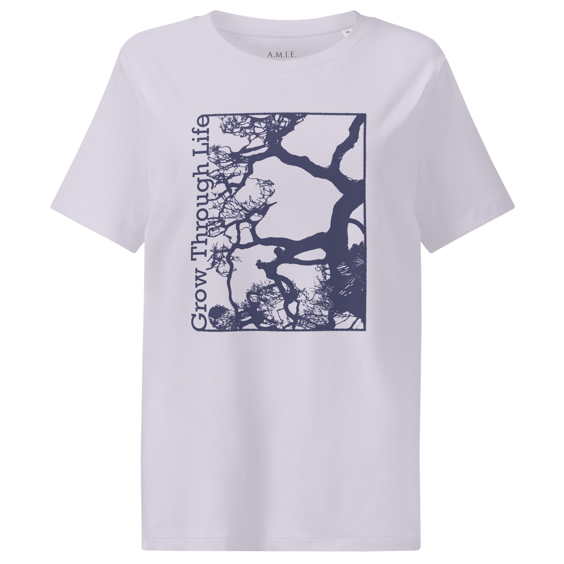 Lavender organic cotton t-shirt with symbolic tree design and Grow Through Life text