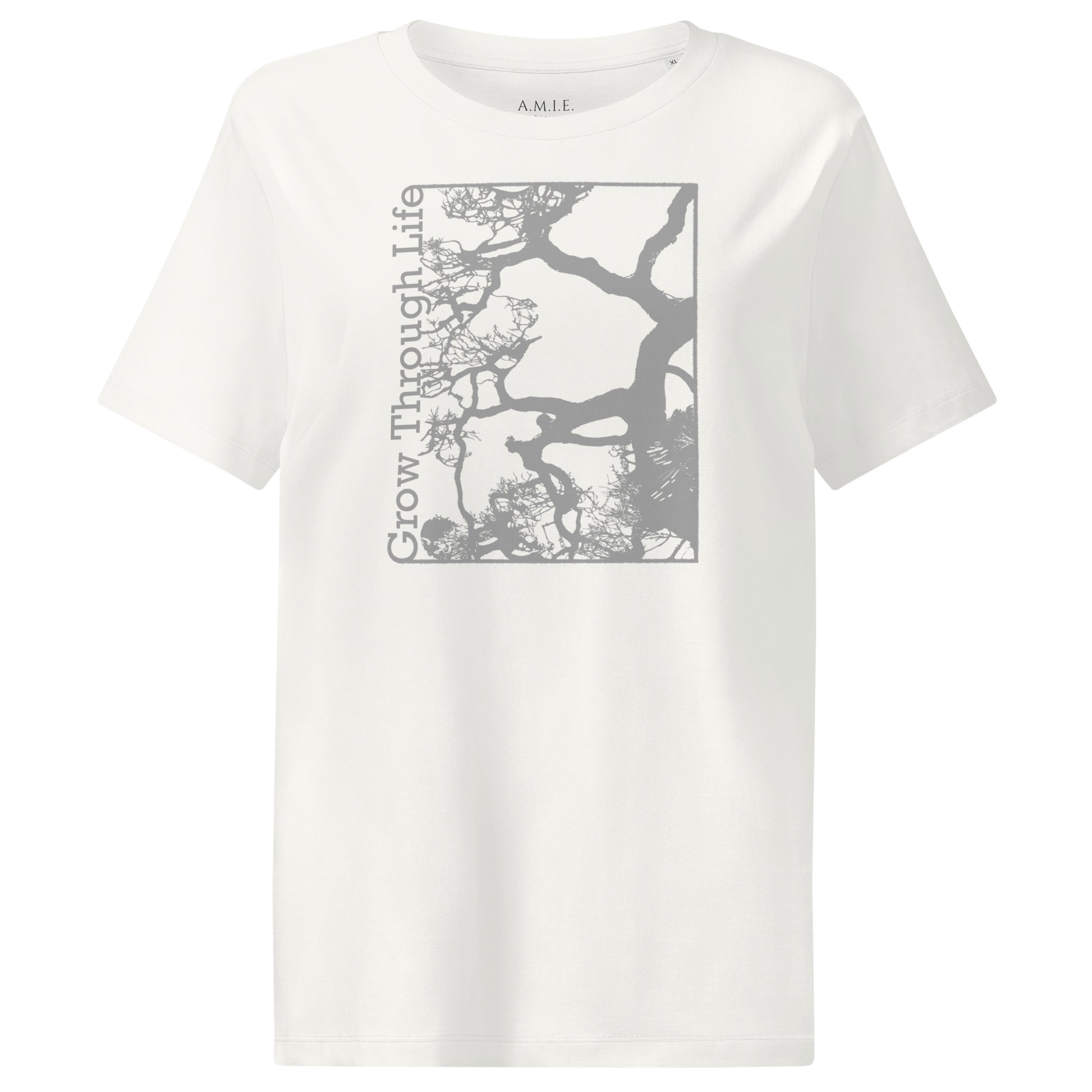 Off white organic cotton t-shirt with Grow Through Life tree graphic – Life’s Journey design