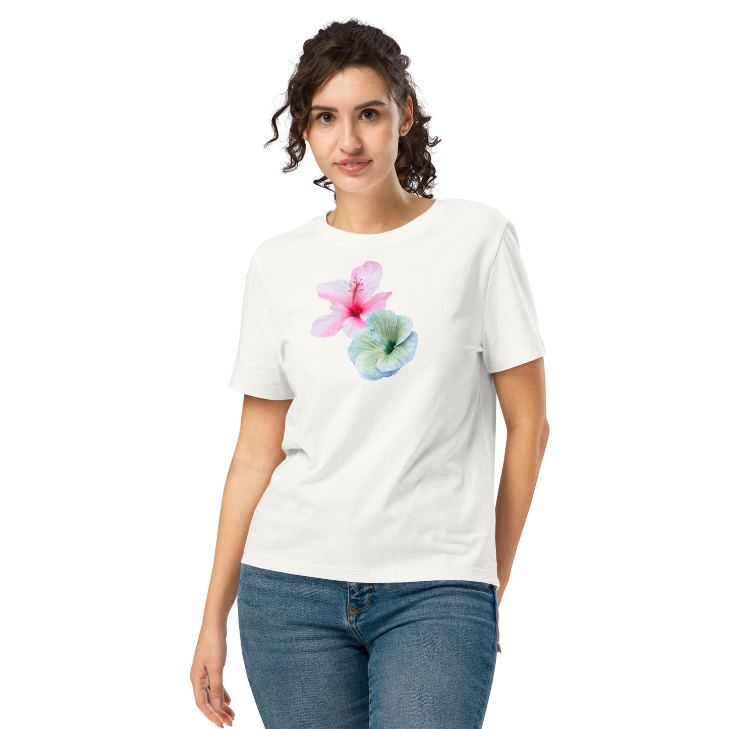 Women’s organic cotton t-shirt with pink and aqua hibiscus flower print
