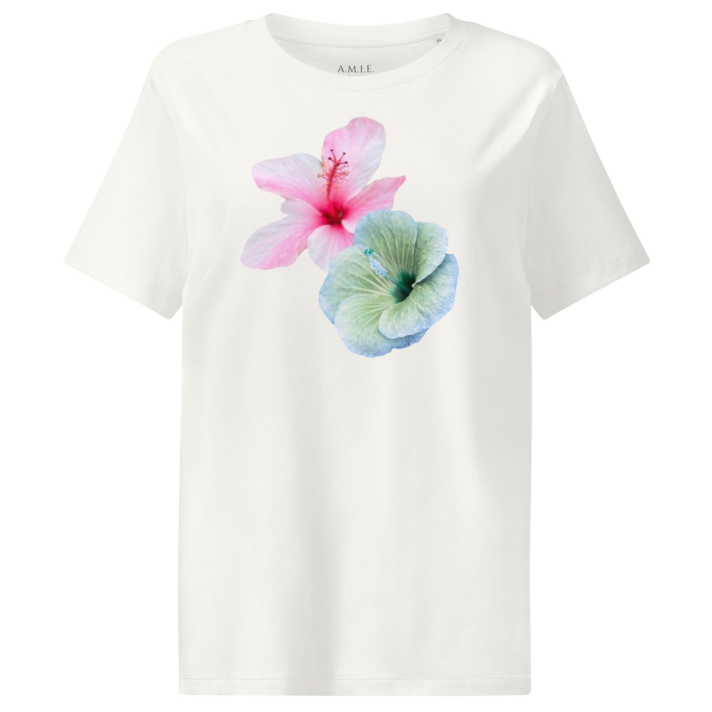 Off White organic cotton t-shirt with vibrant pink and aqua hibiscus flower design – Hibiscus Harmony