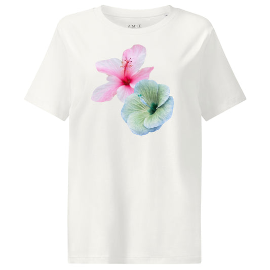 Off White organic cotton t-shirt with vibrant pink and aqua hibiscus flower design – Hibiscus Harmony