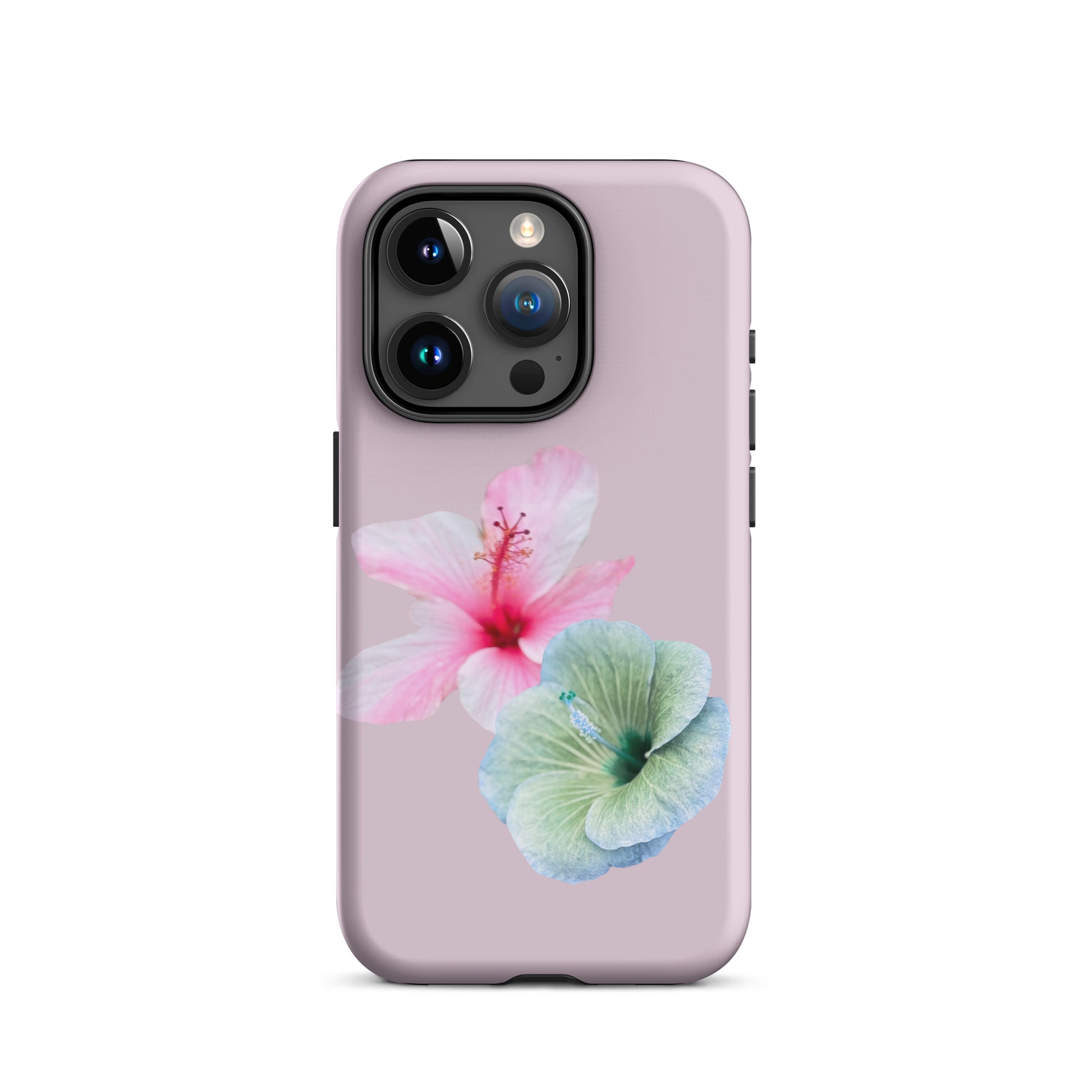 Hibiscus Harmony iPhone 15 pro Tough Case – floral design with pink and aqua blooms