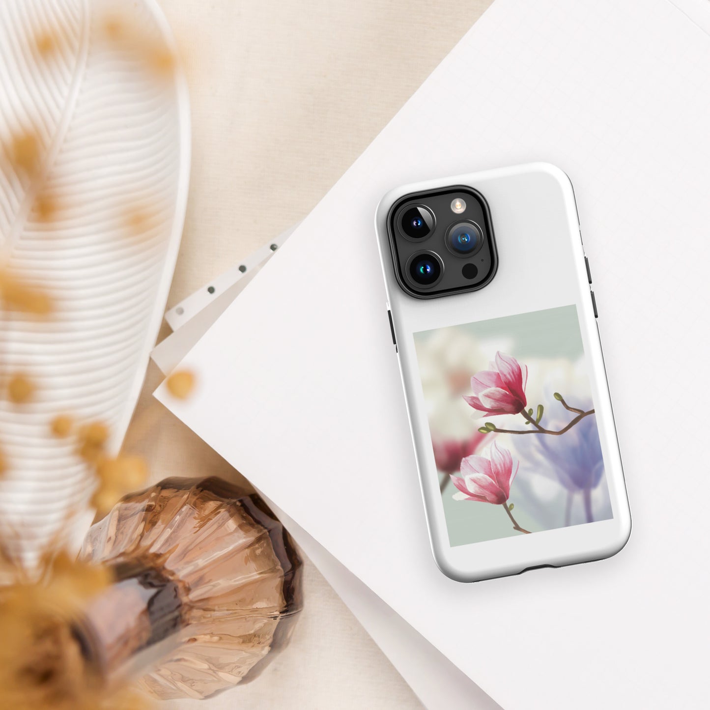 Blossom Serenity Tough Case for iPhone® 15 Pro Max on Table