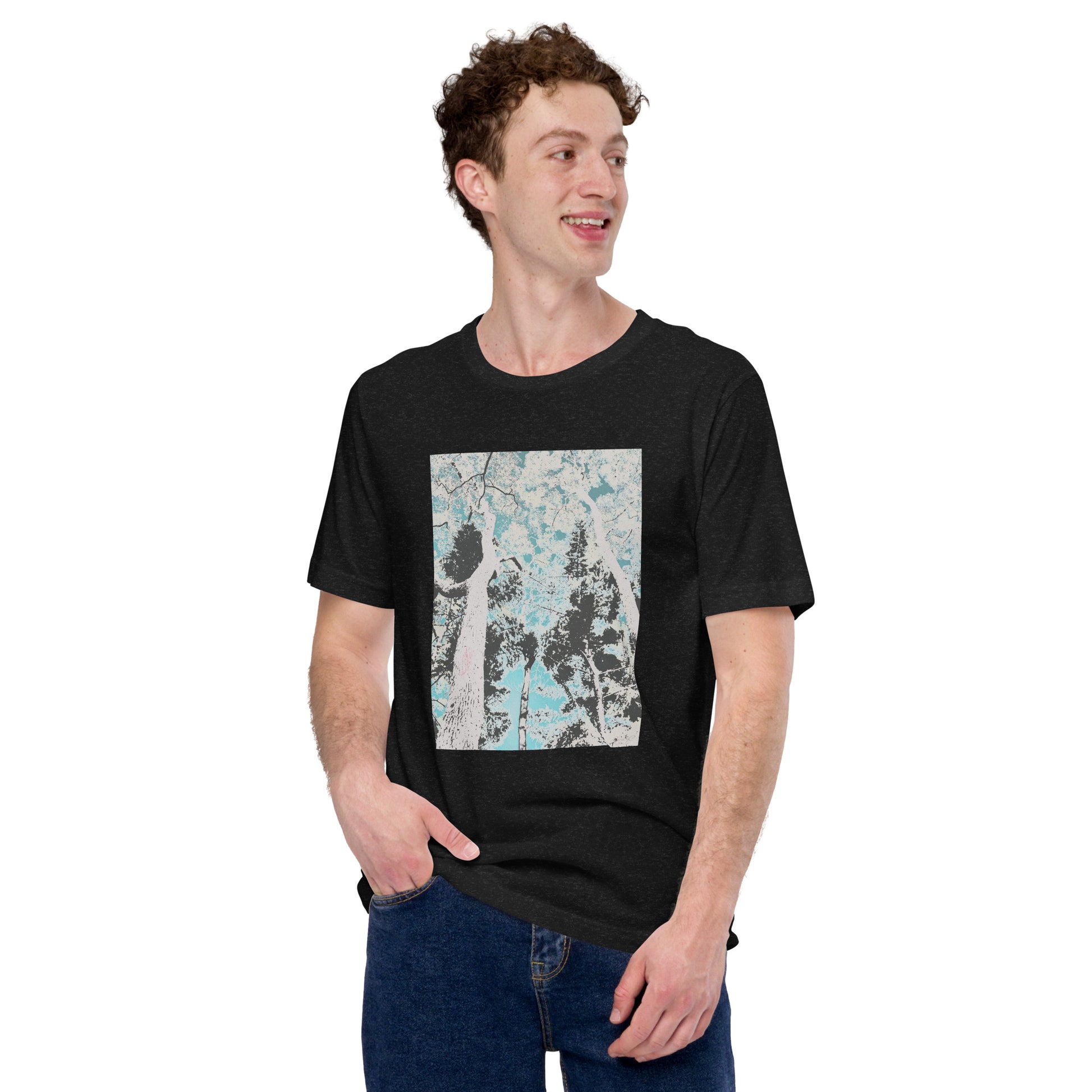 Tranquil Forest Print Unisex T-Shirt | Serene Landscape | Black Heather T-Shirt on Model