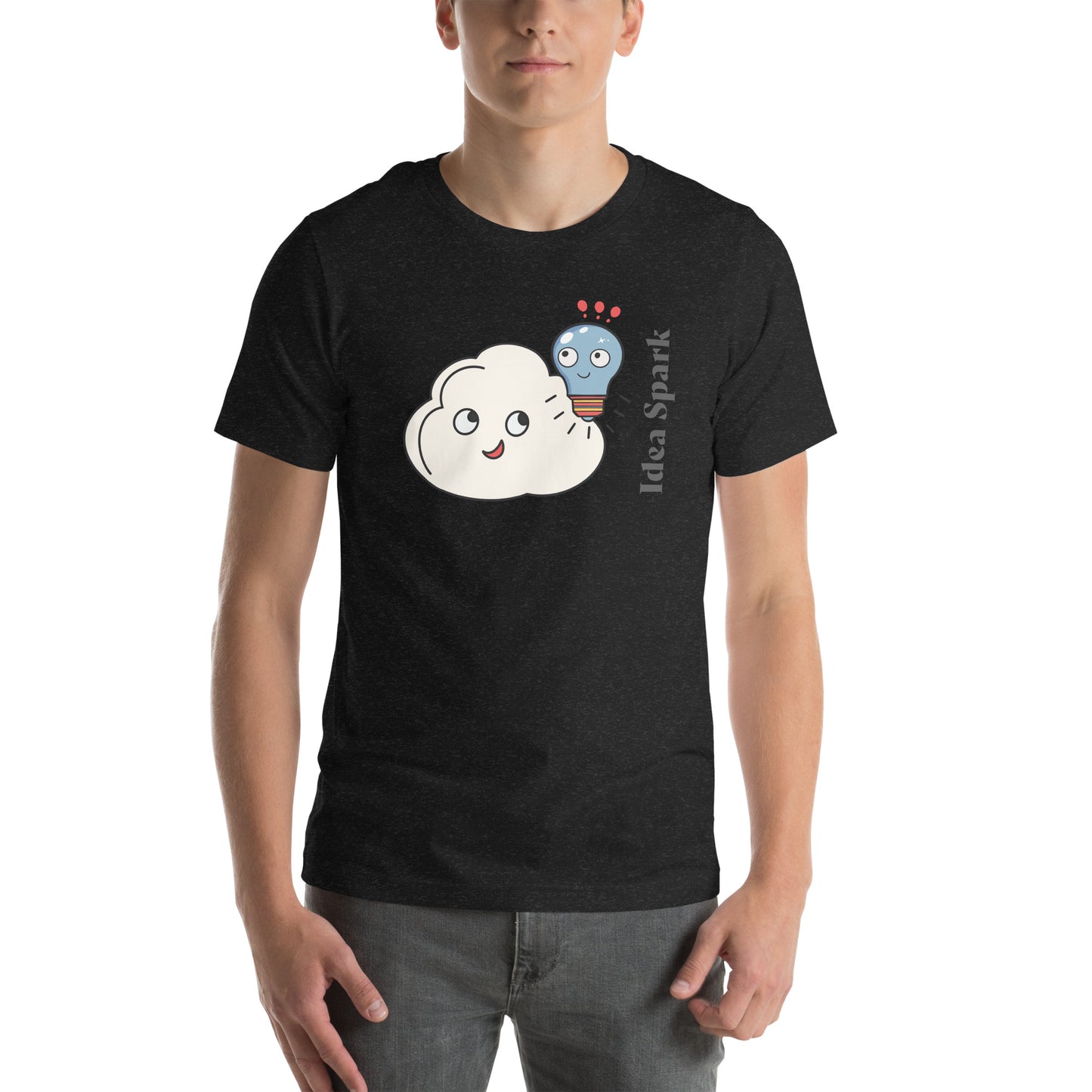 Cloud and Bulb Buddies Unisex T-Shirt | Creativity Inspired Design | Black Heather T-Shirt on Model