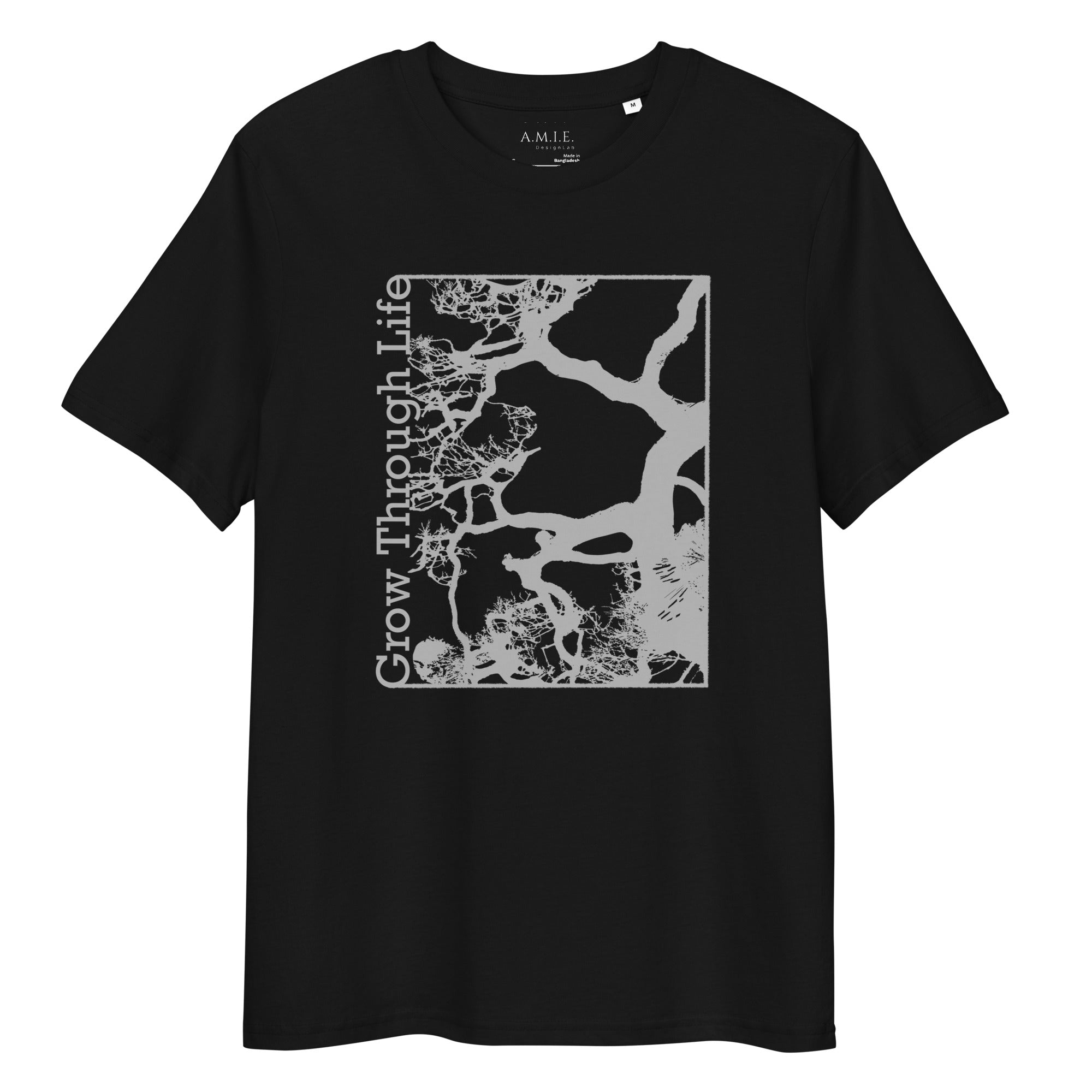 Black organic cotton t-shirt with Grow Through Life tree graphic – Life’s Journey design