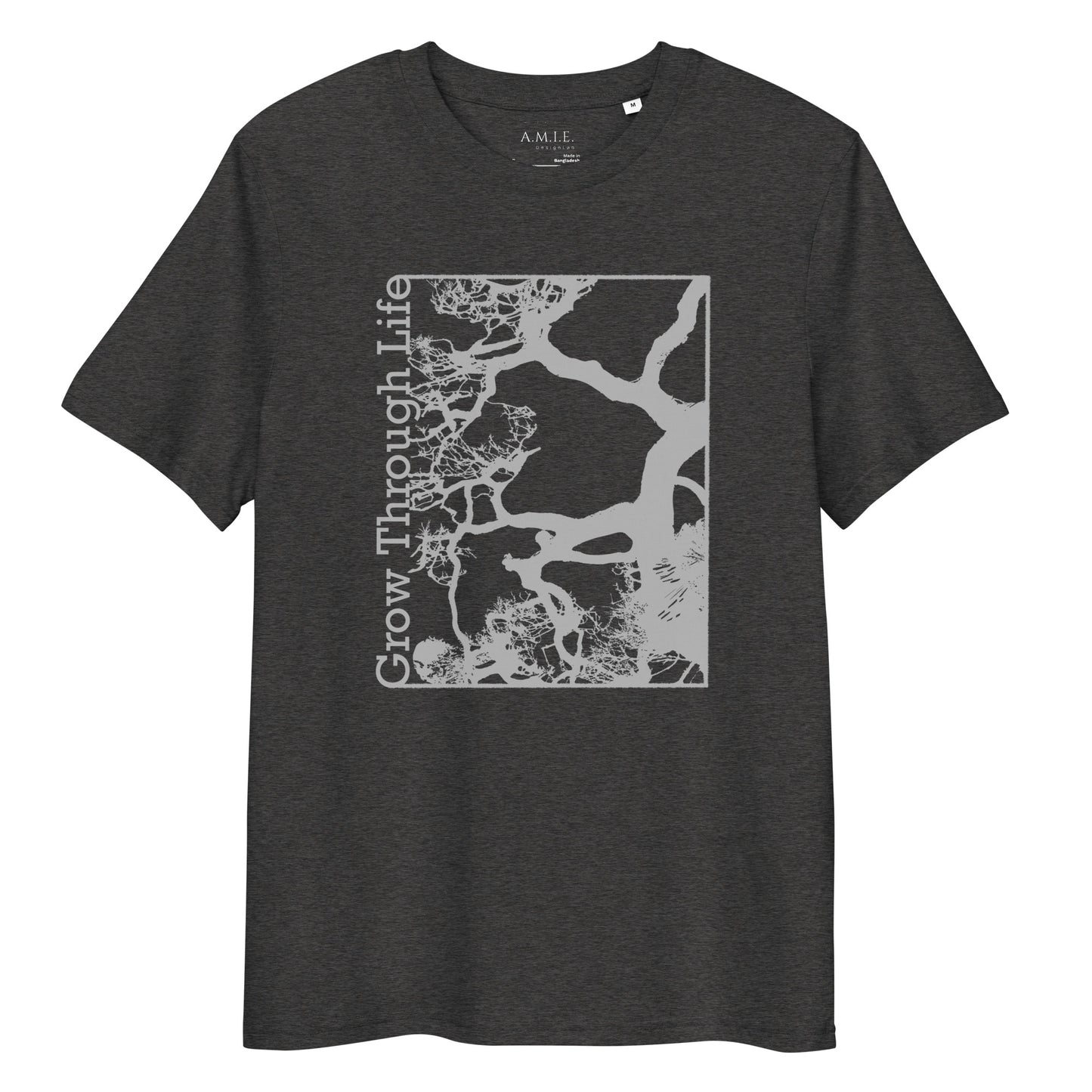 Dark heather grey organic cotton t-shirt with Grow Through Life tree graphic – Life’s Journey design