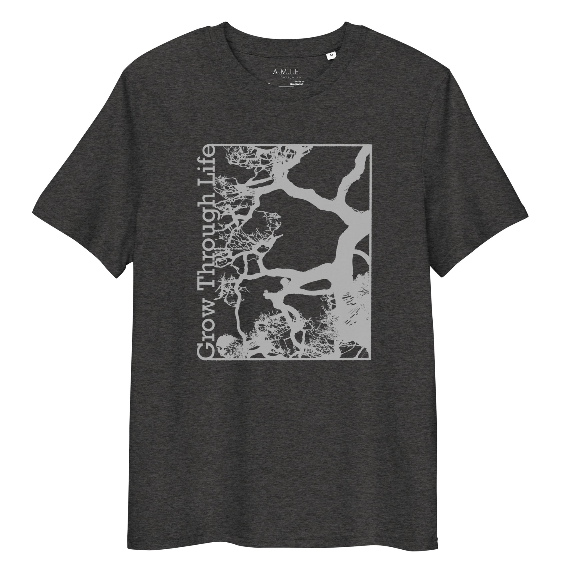 Dark heather grey organic cotton t-shirt with Grow Through Life tree graphic – Life’s Journey design