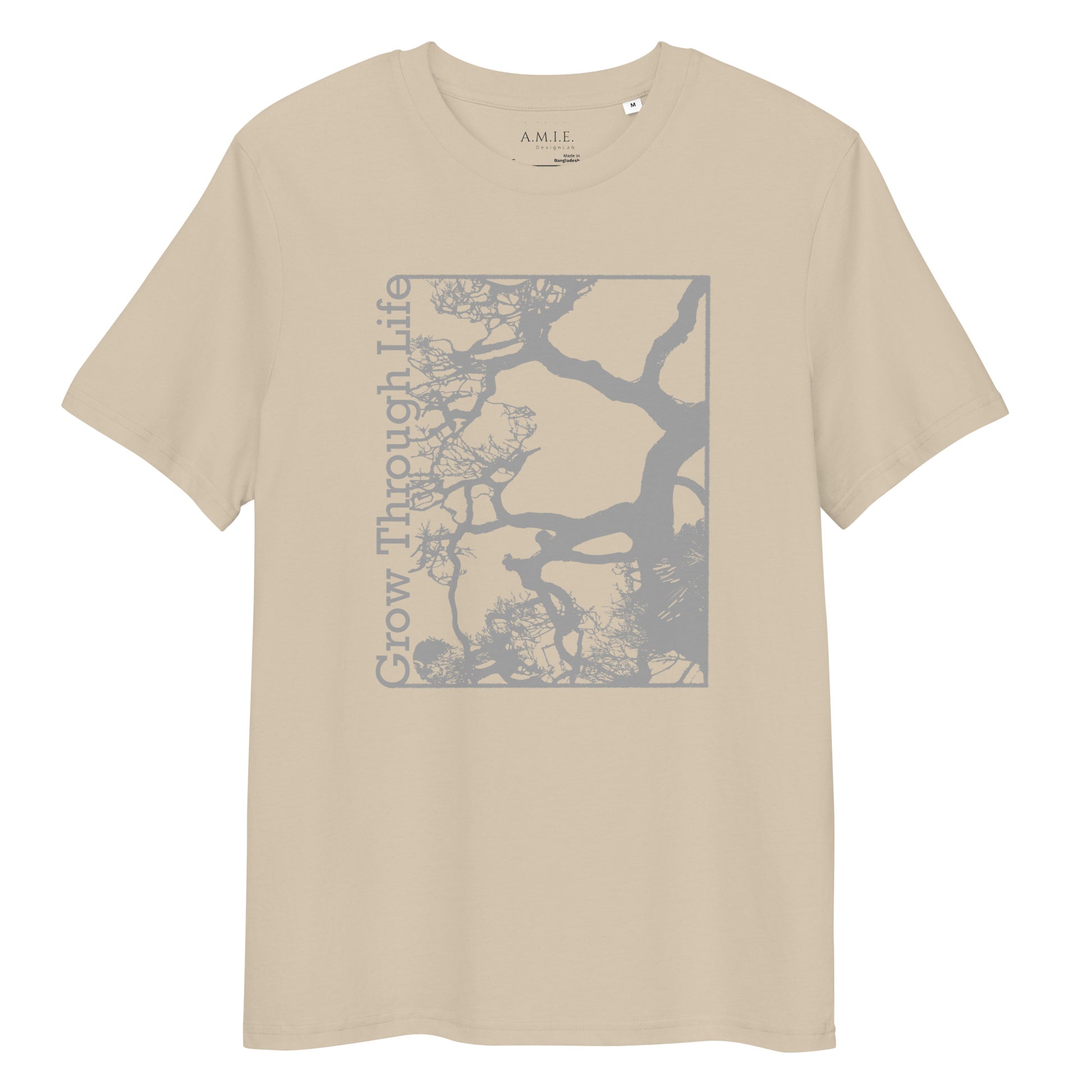 Desert dust organic cotton t-shirt with Grow Through Life tree graphic – Life’s Journey design