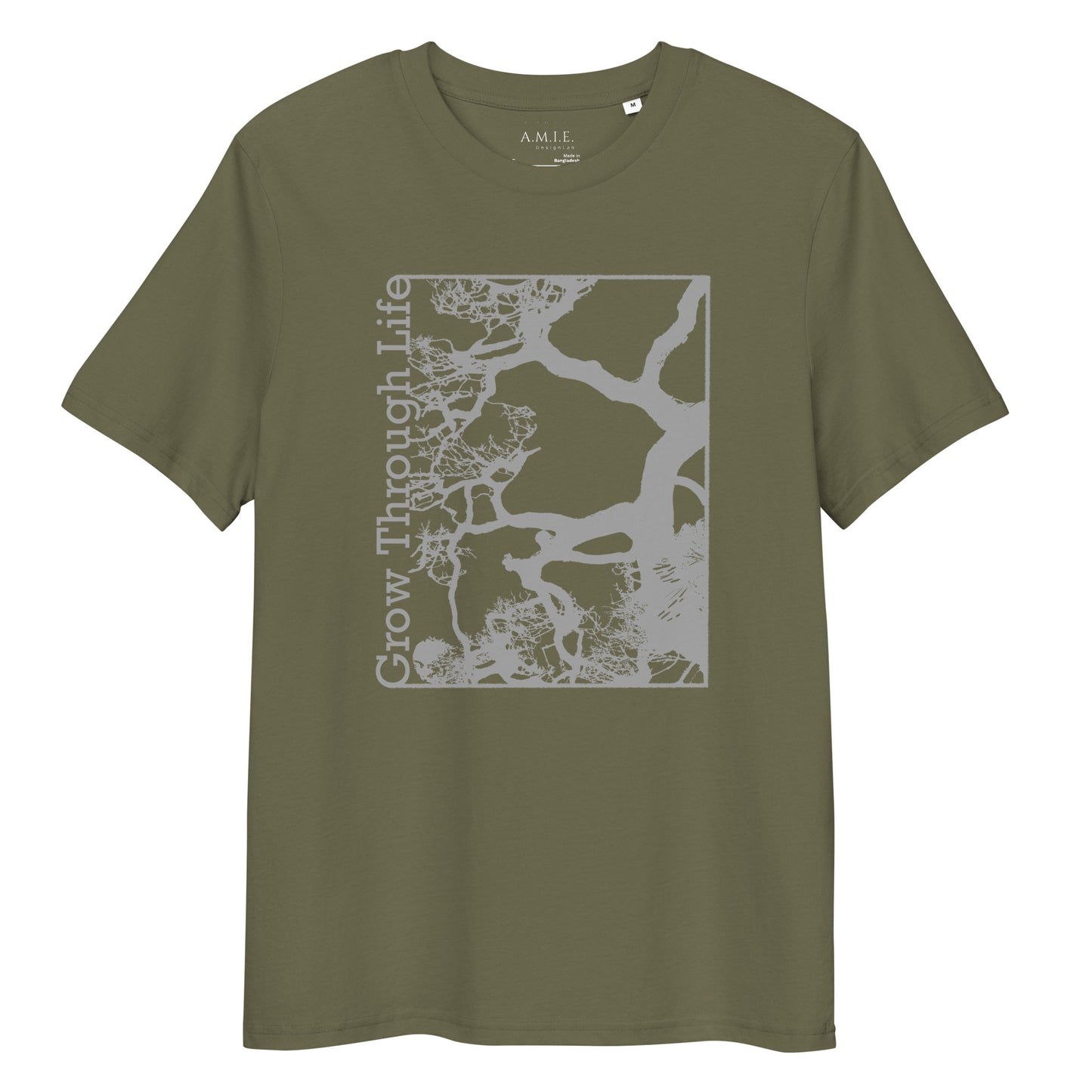 Khaki organic cotton t-shirt with Grow Through Life tree graphic – Life’s Journey design