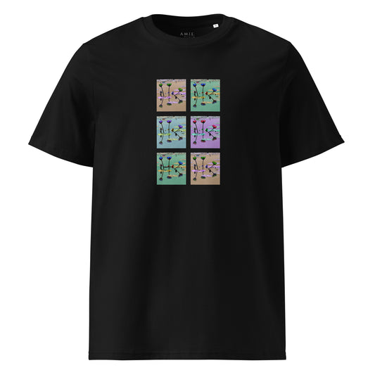 Black organic cotton t-shirt with pastel lily pond panel design – Lily Pond Reflection