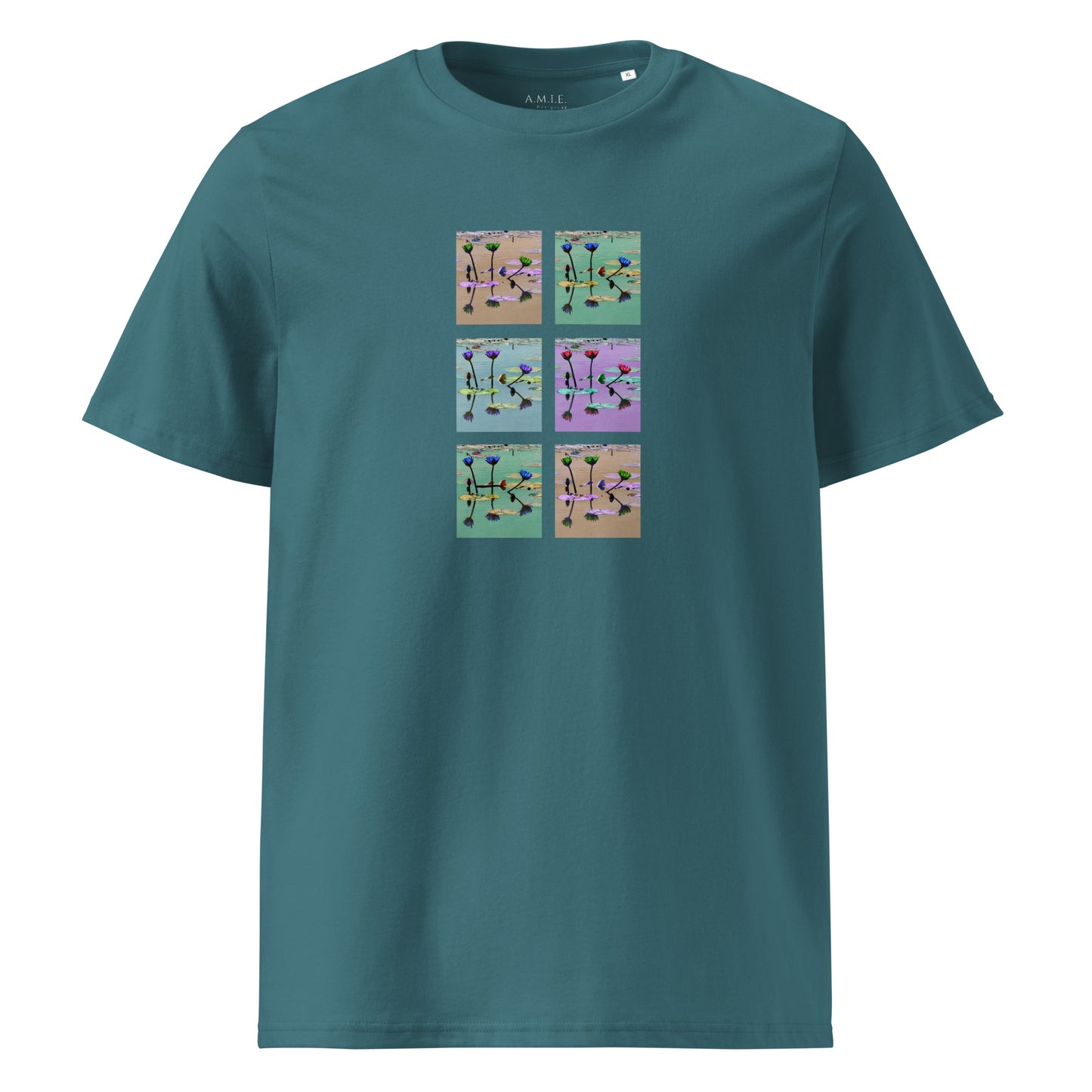 Unisex organic t-shirt with tranquil lily pond panel design in pastel tones