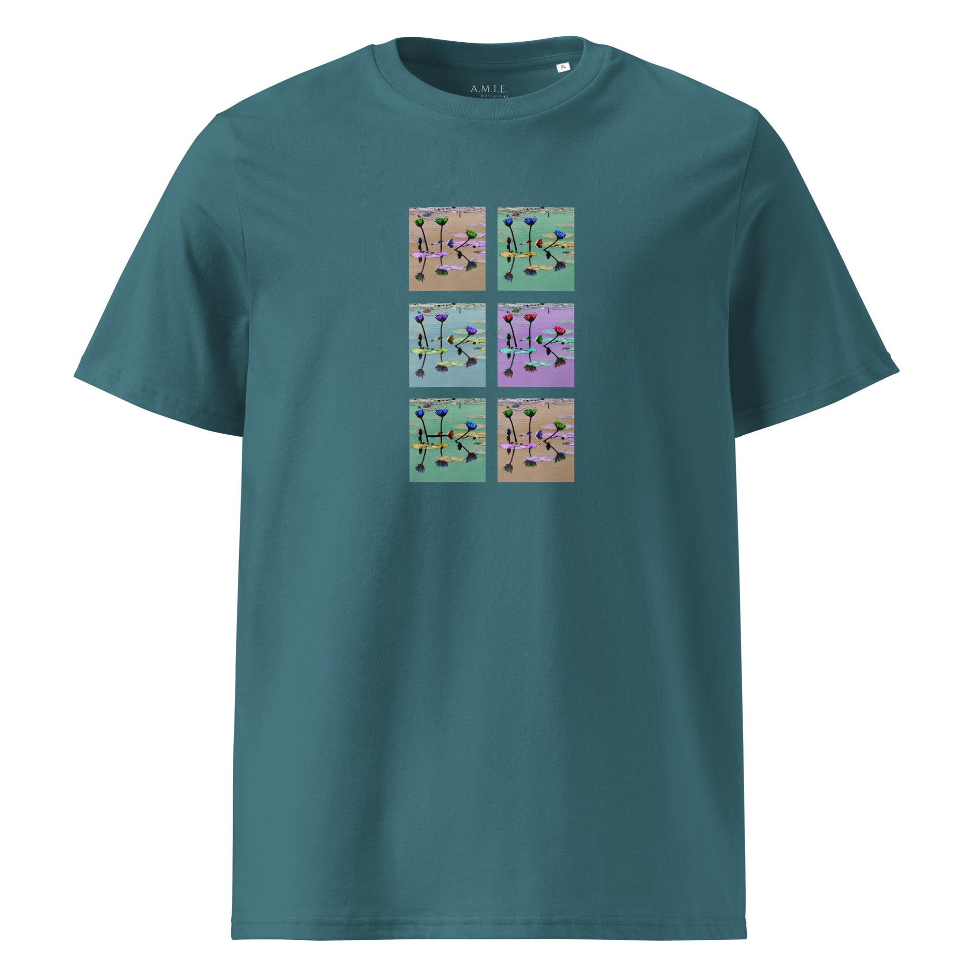 Unisex organic t-shirt with tranquil lily pond panel design in pastel tones