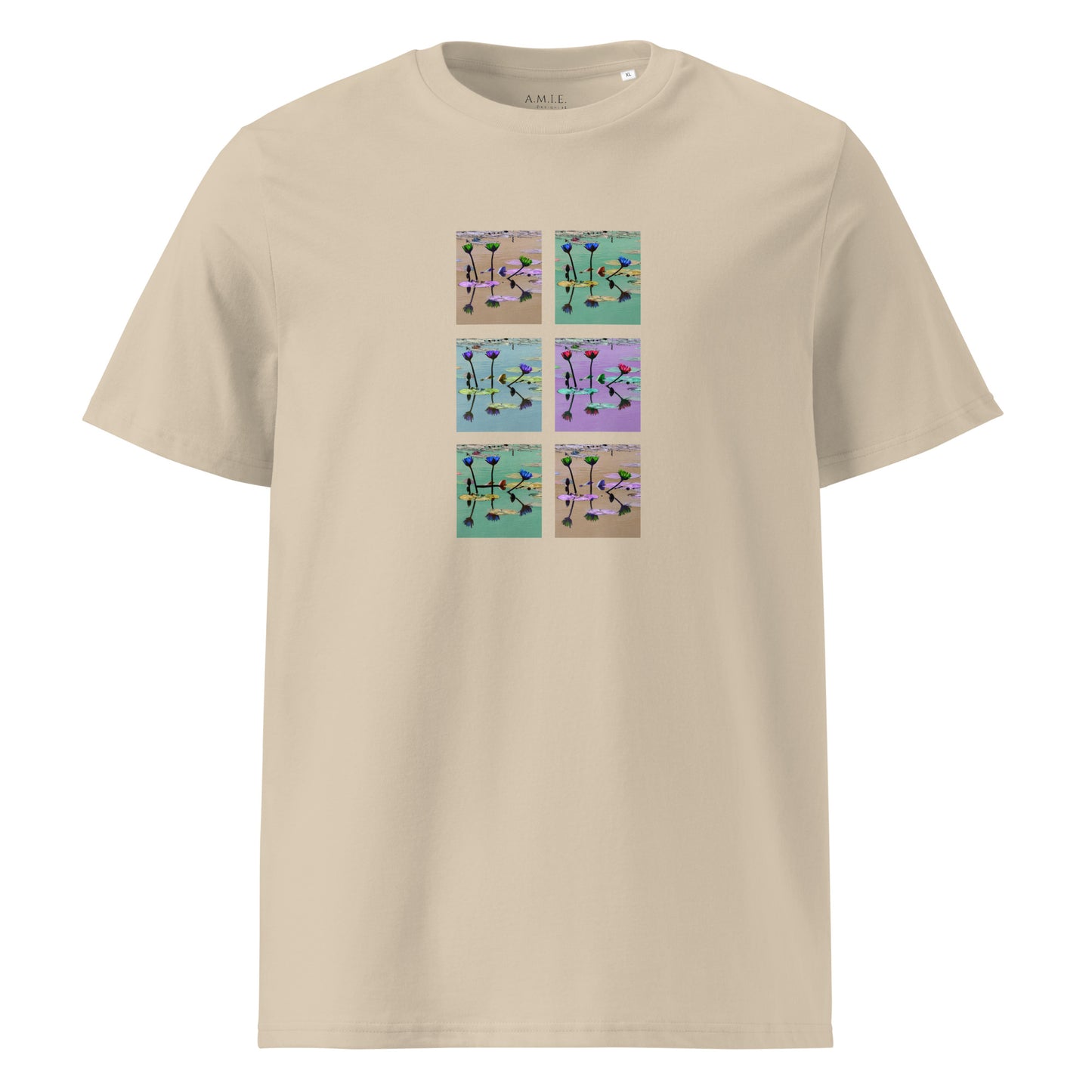 Unisex organic cotton t-shirt with pastel lily pond panel design – Lily Pond Reflection