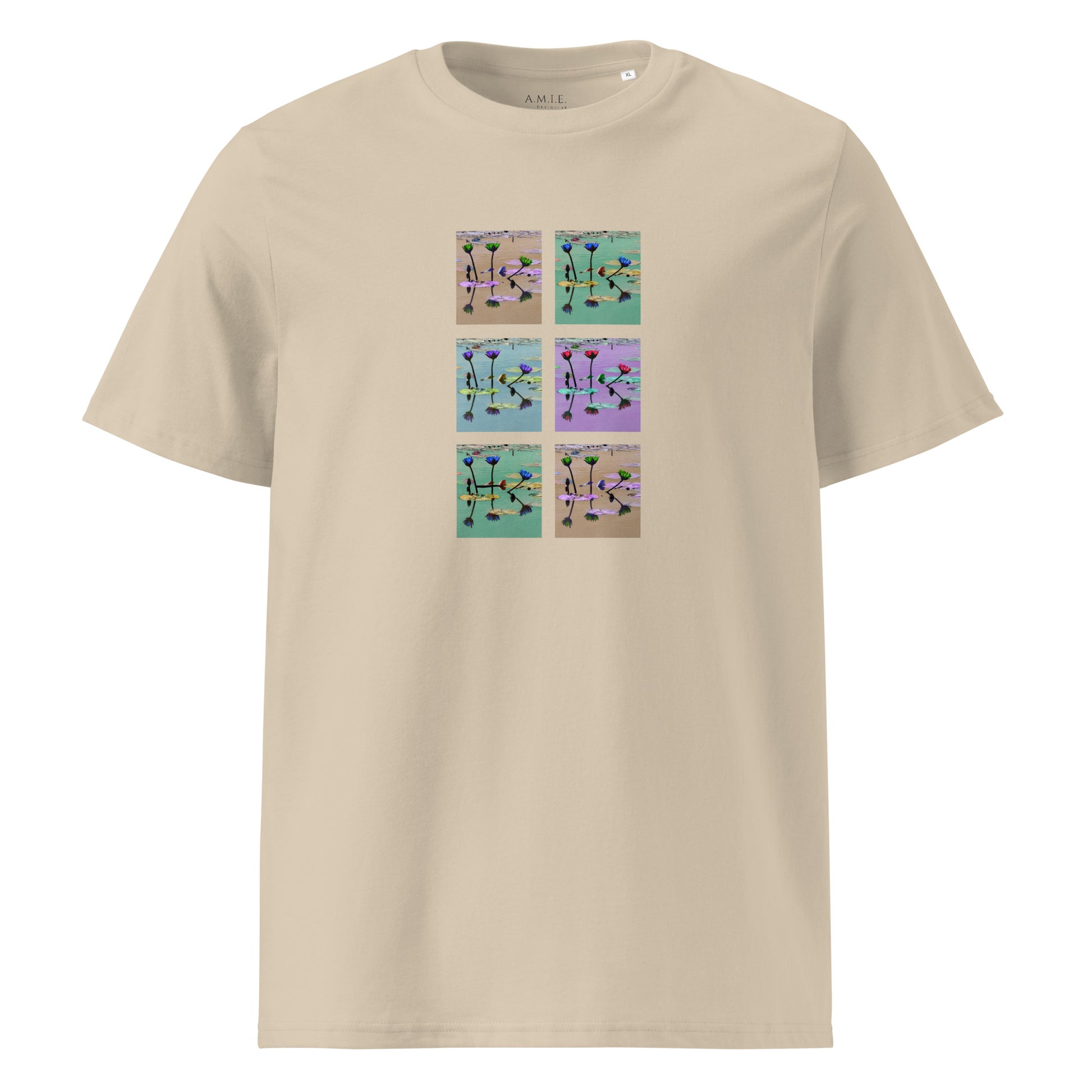 Unisex organic cotton t-shirt with pastel lily pond panel design – Lily Pond Reflection