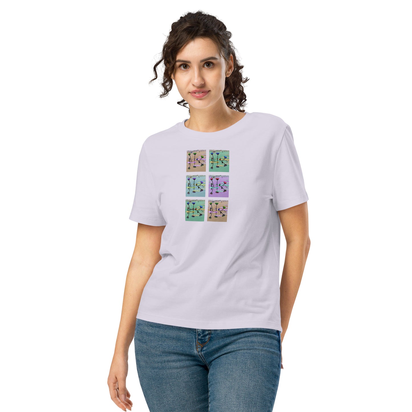 Unisex organic t-shirt with tranquil lily pond panel design in pastel tones