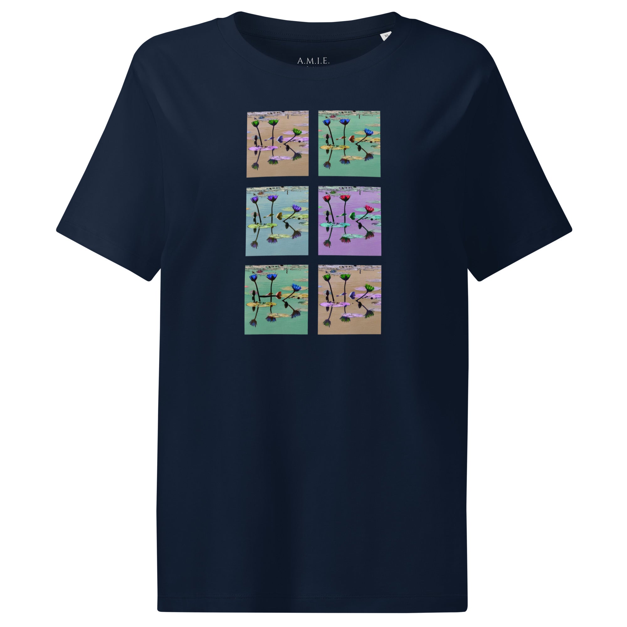 French Navy organic cotton t-shirt with pastel lily pond panel design – Lily Pond Reflection