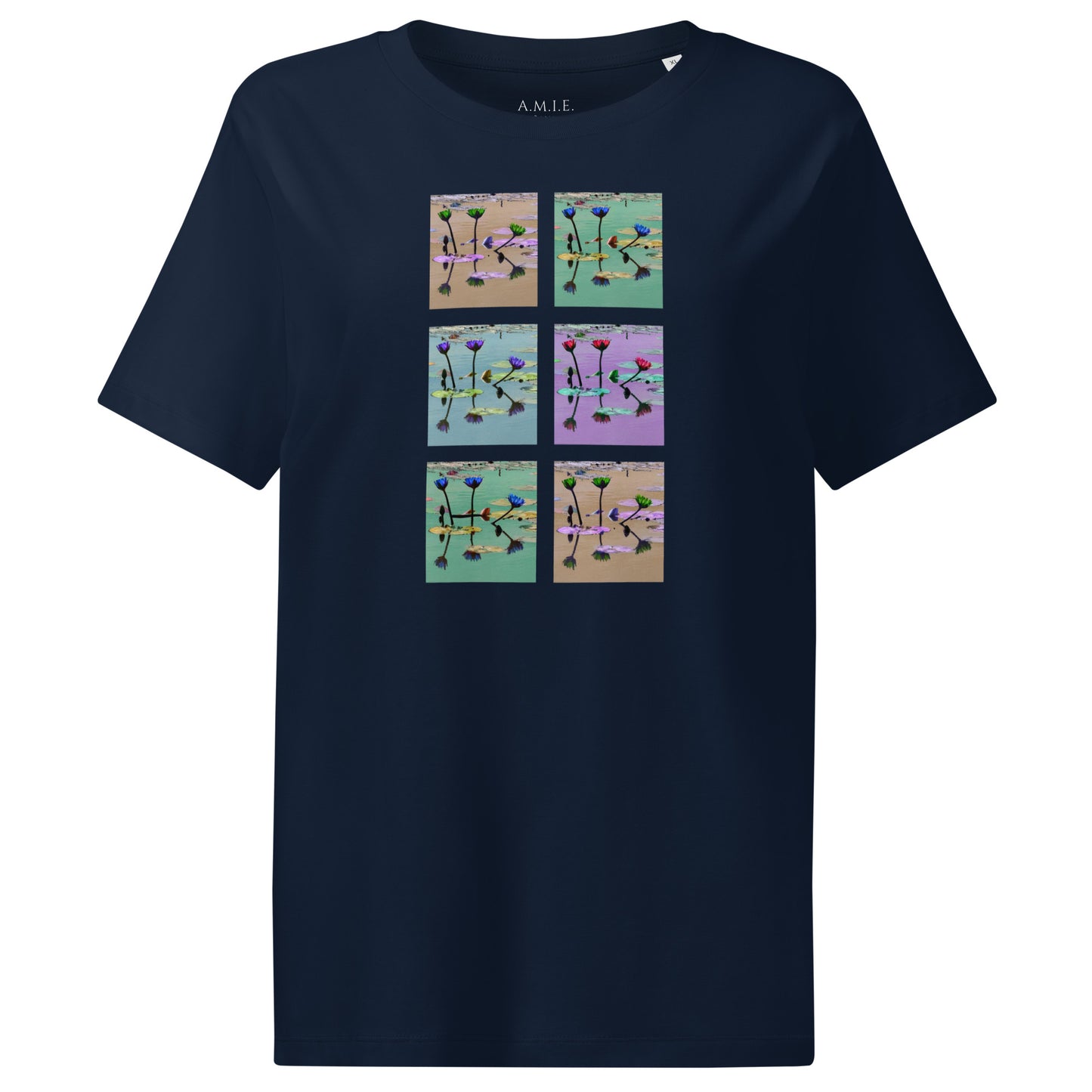 French Navy organic cotton t-shirt with pastel lily pond panel design – Lily Pond Reflection