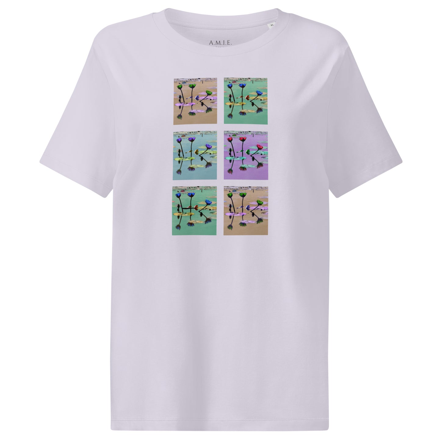 Unisex organic t-shirt with tranquil lily pond panel design in pastel tones