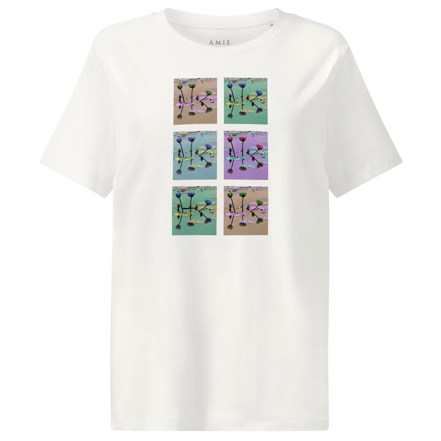 Off White organic cotton t-shirt with pastel lily pond panel design – Lily Pond Reflection