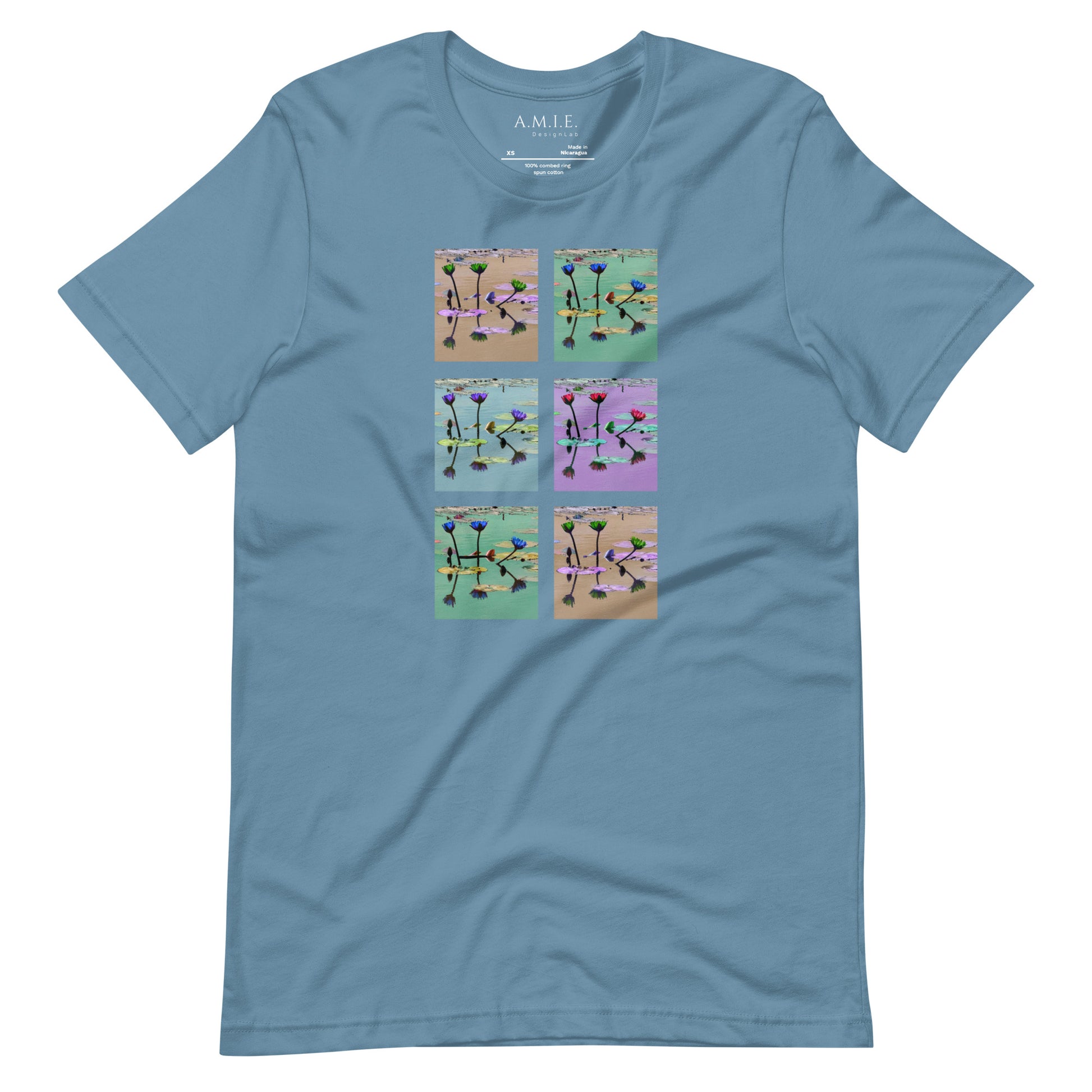 Lily Pond Reflection Unisex T-Shirt | Serene Landscape | Steel Blue T-Shirt