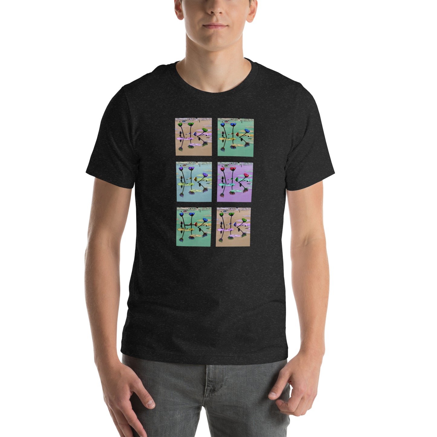 Lily Pond Reflection Unisex T-Shirt | Serene Landscape | Black Heather T-Shirt on Model