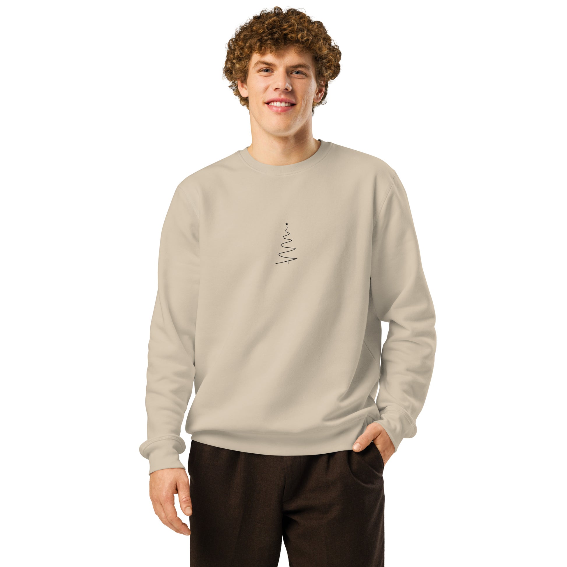 Minimalist line-art Christmas tree beige organic unisex sweatshirt on model