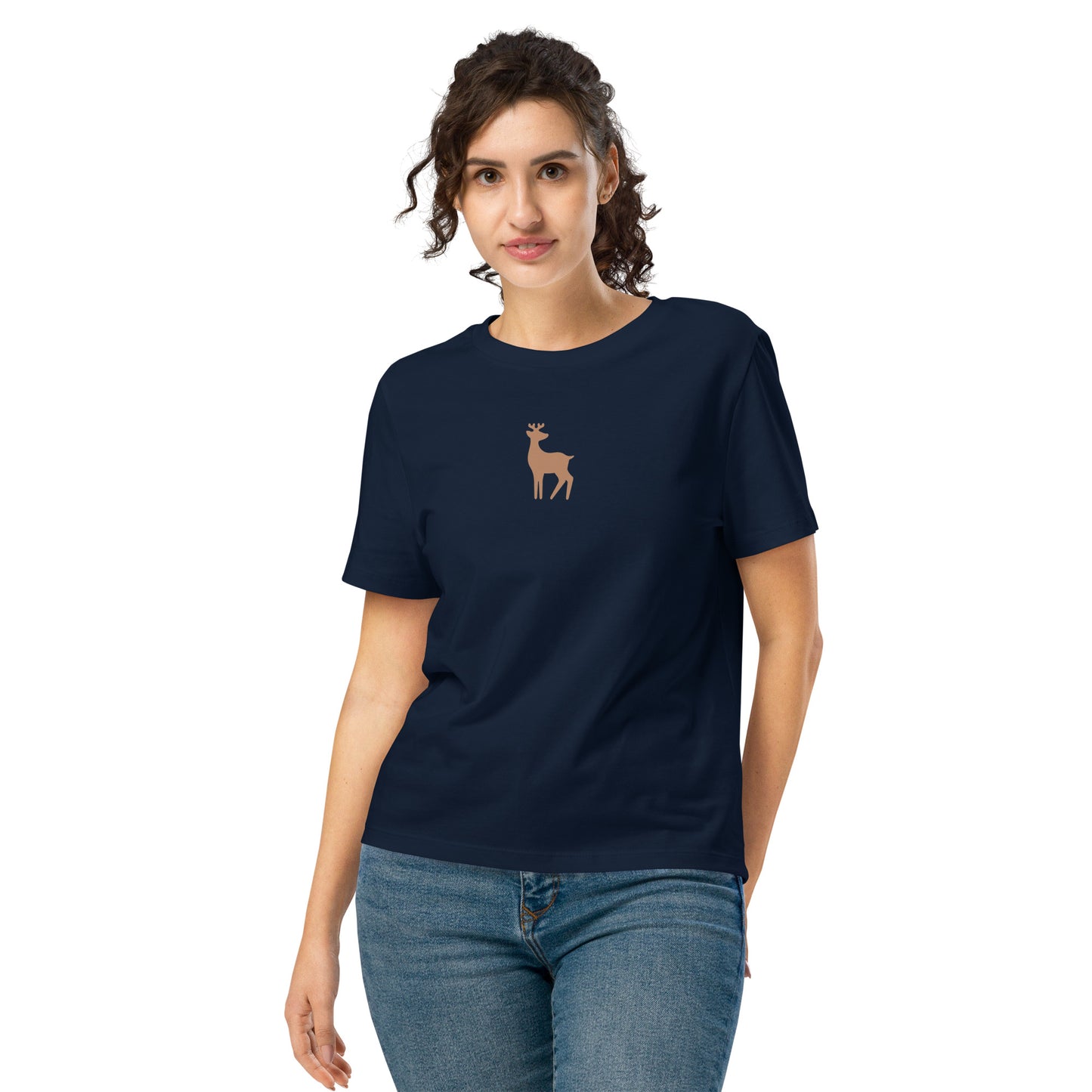 Female model on French navy t-shirt with minimalist deer silhouette design