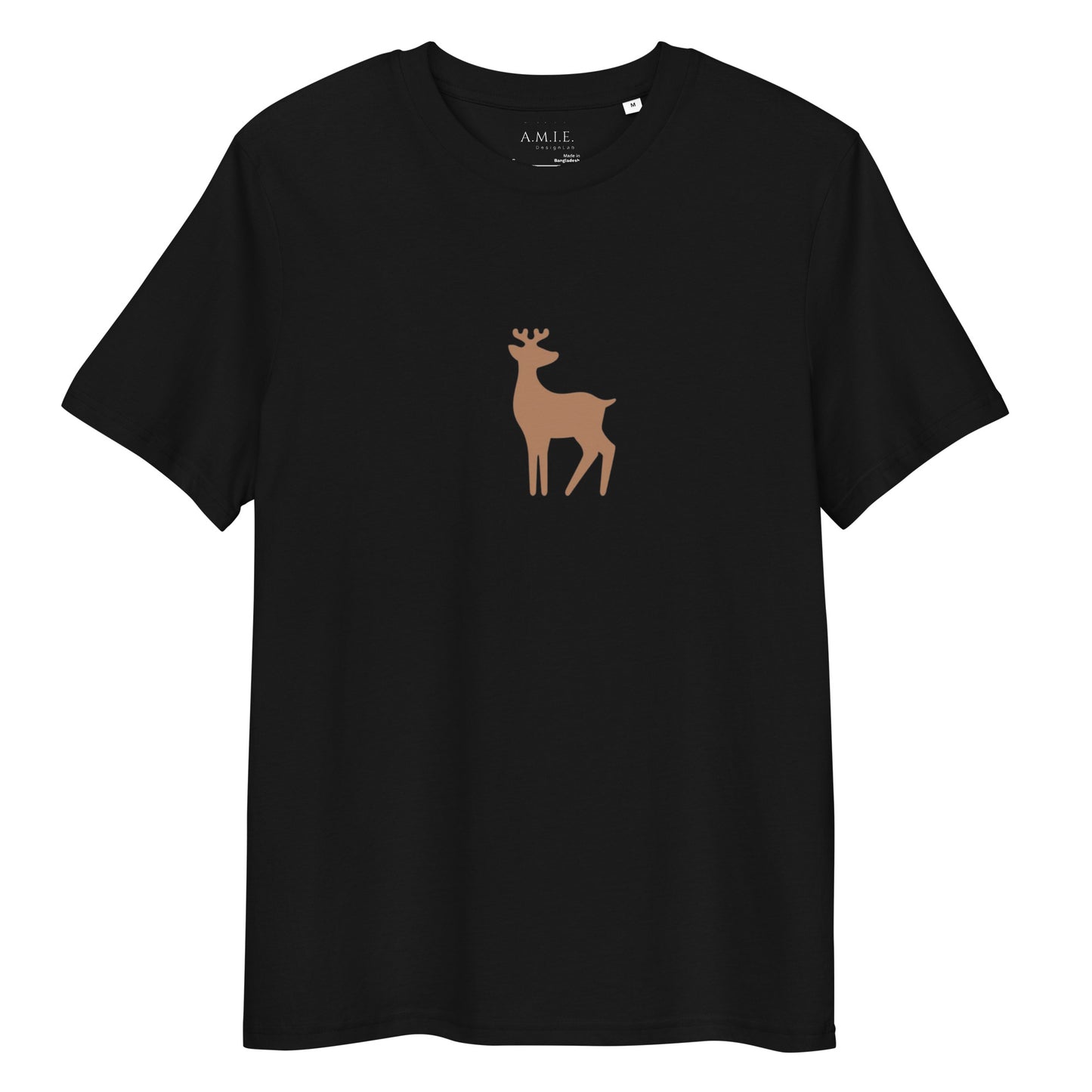 Unisex black organic t-shirt with minimalist deer silhouette design
