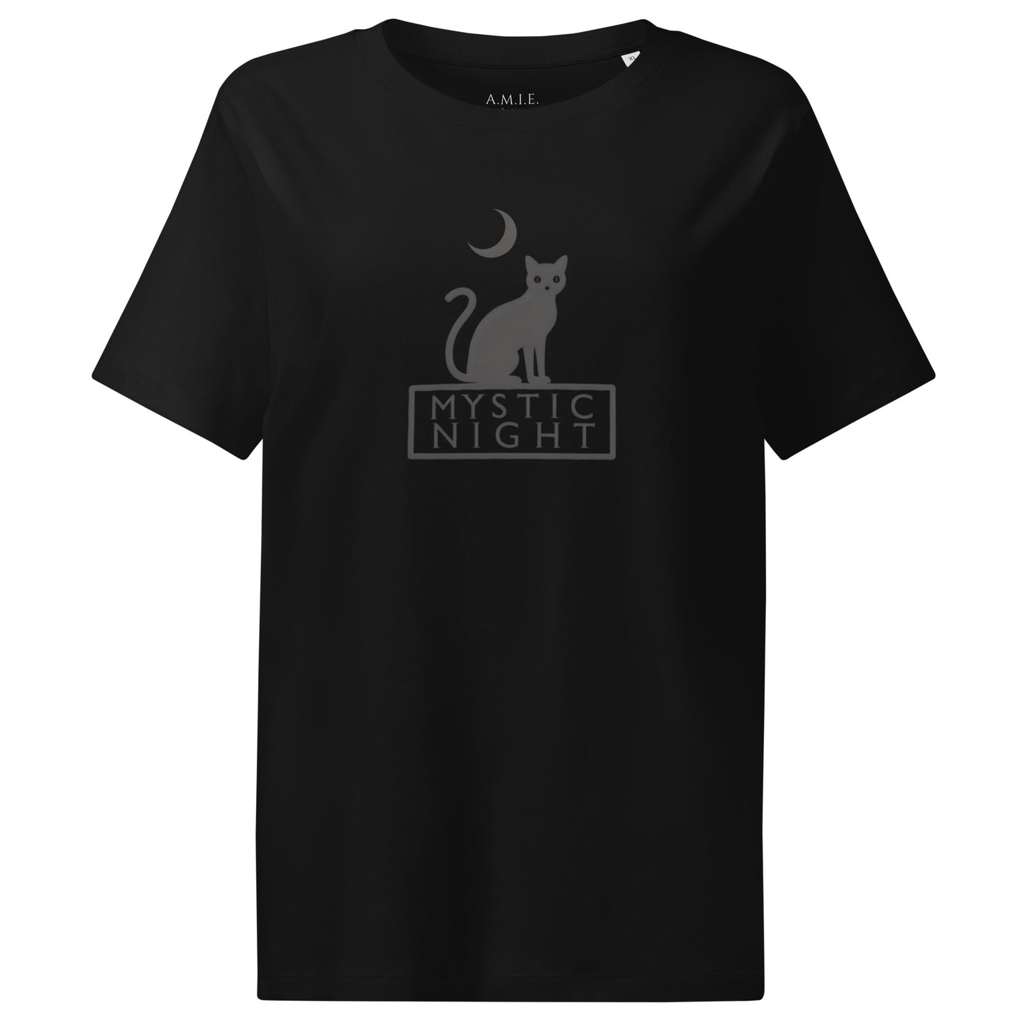 Women’s black organic t-shirt with minimalist white cat and crescent moon design above the text ‘Mystic Night.