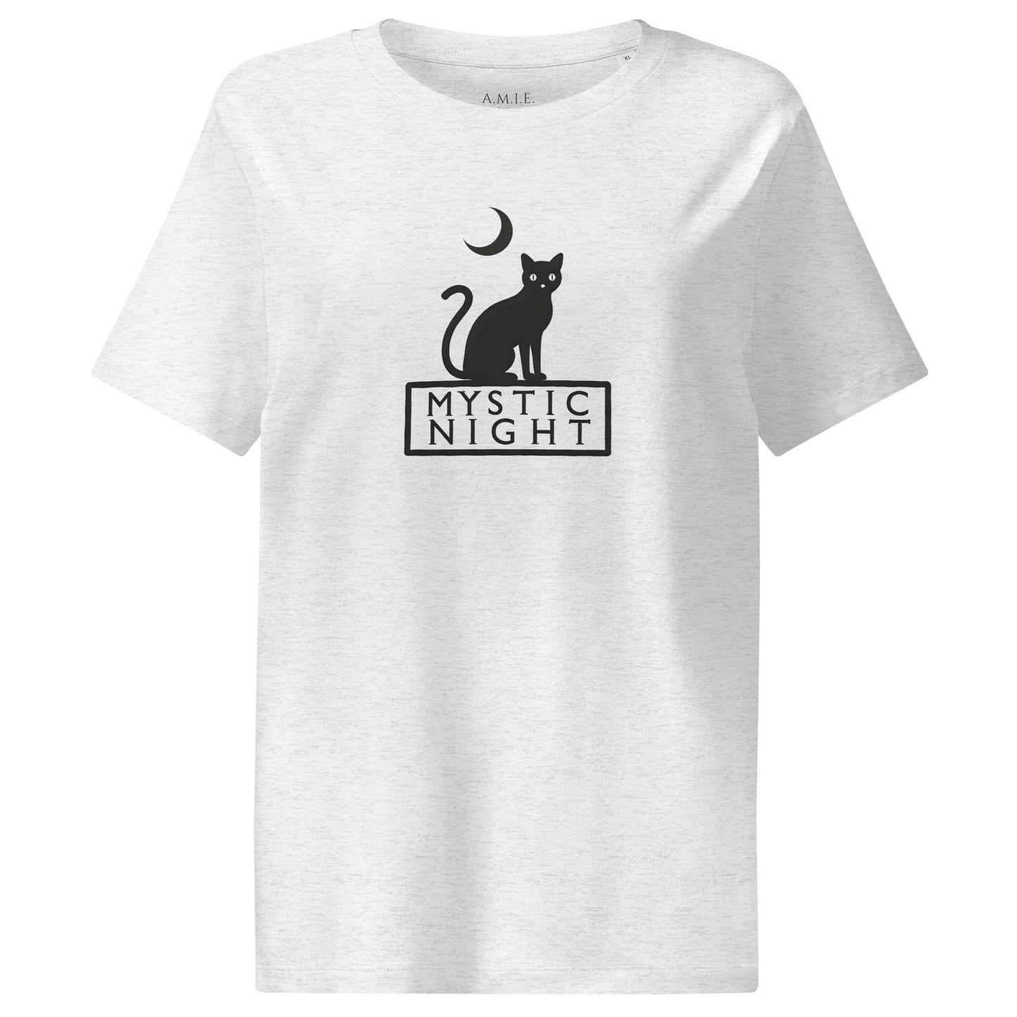 Women’s light grey organic t-shirt featuring a minimalist black cat sitting beneath a crescent moon with the text ‘Mystic Night.