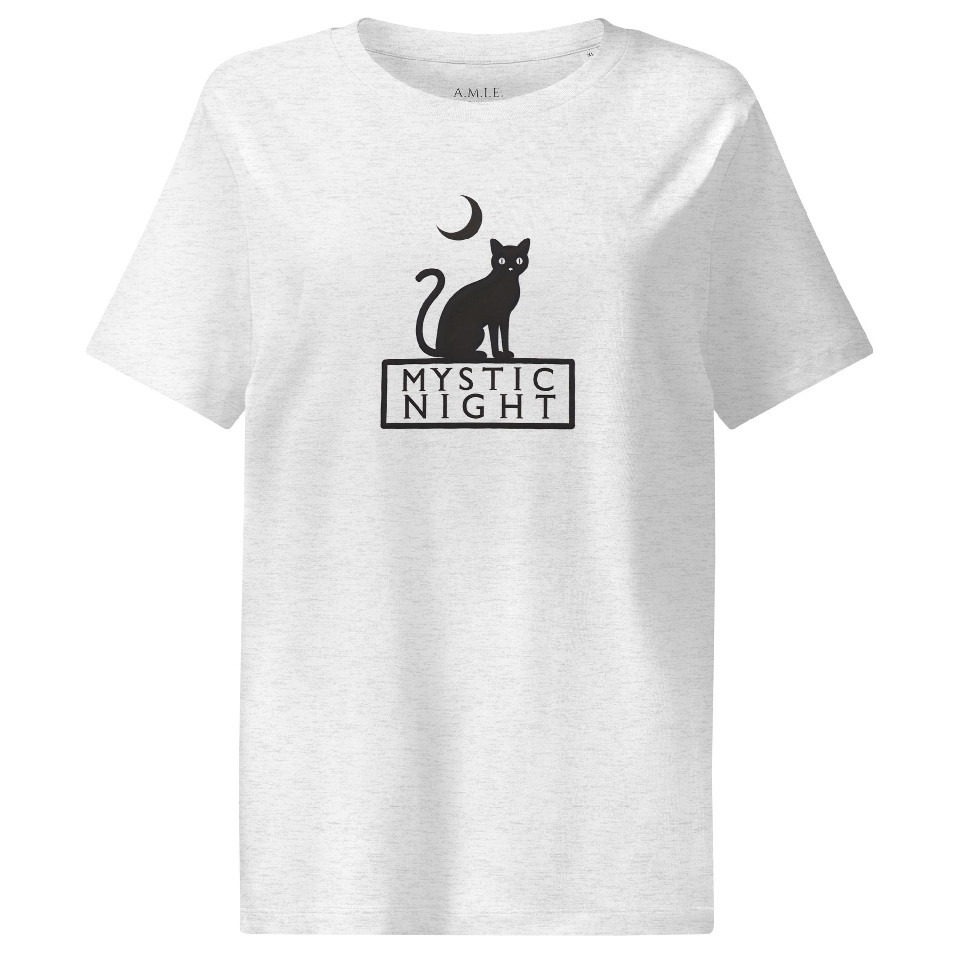 Women’s light grey organic t-shirt featuring a minimalist black cat sitting beneath a crescent moon with the text ‘Mystic Night.
