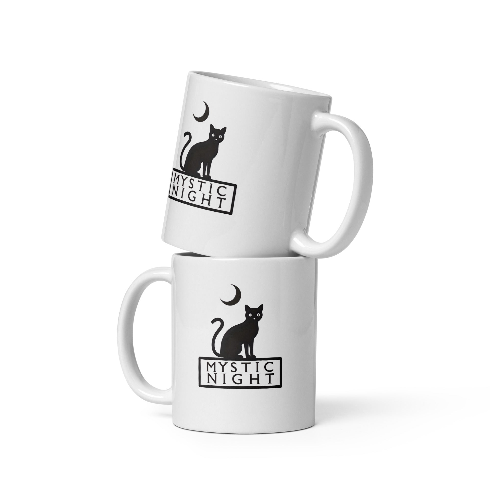Mystic Night ceramic mug with black cat and crescent moon design