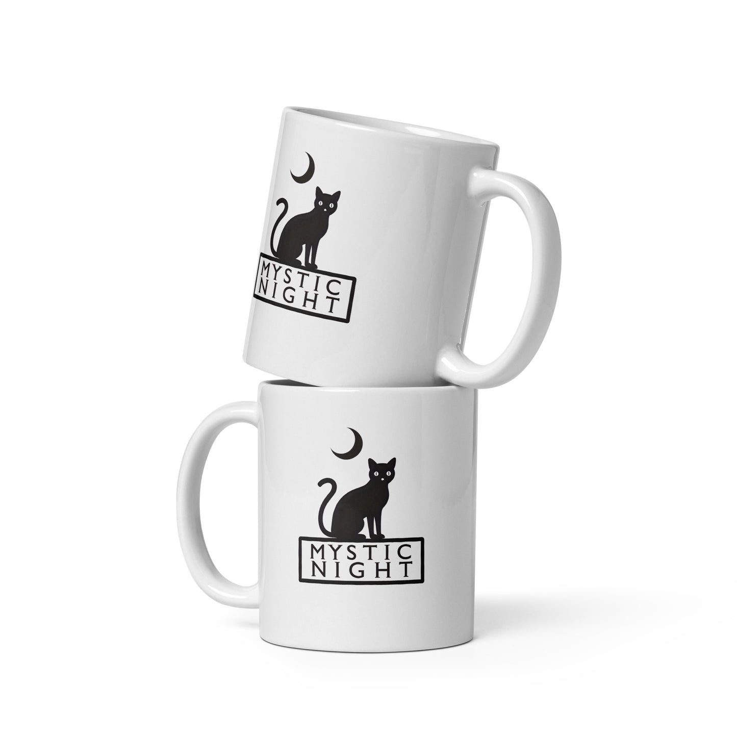 Mystic Night ceramic mug with black cat and crescent moon design