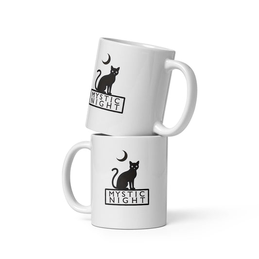 Mystic Night ceramic mug with black cat and crescent moon design