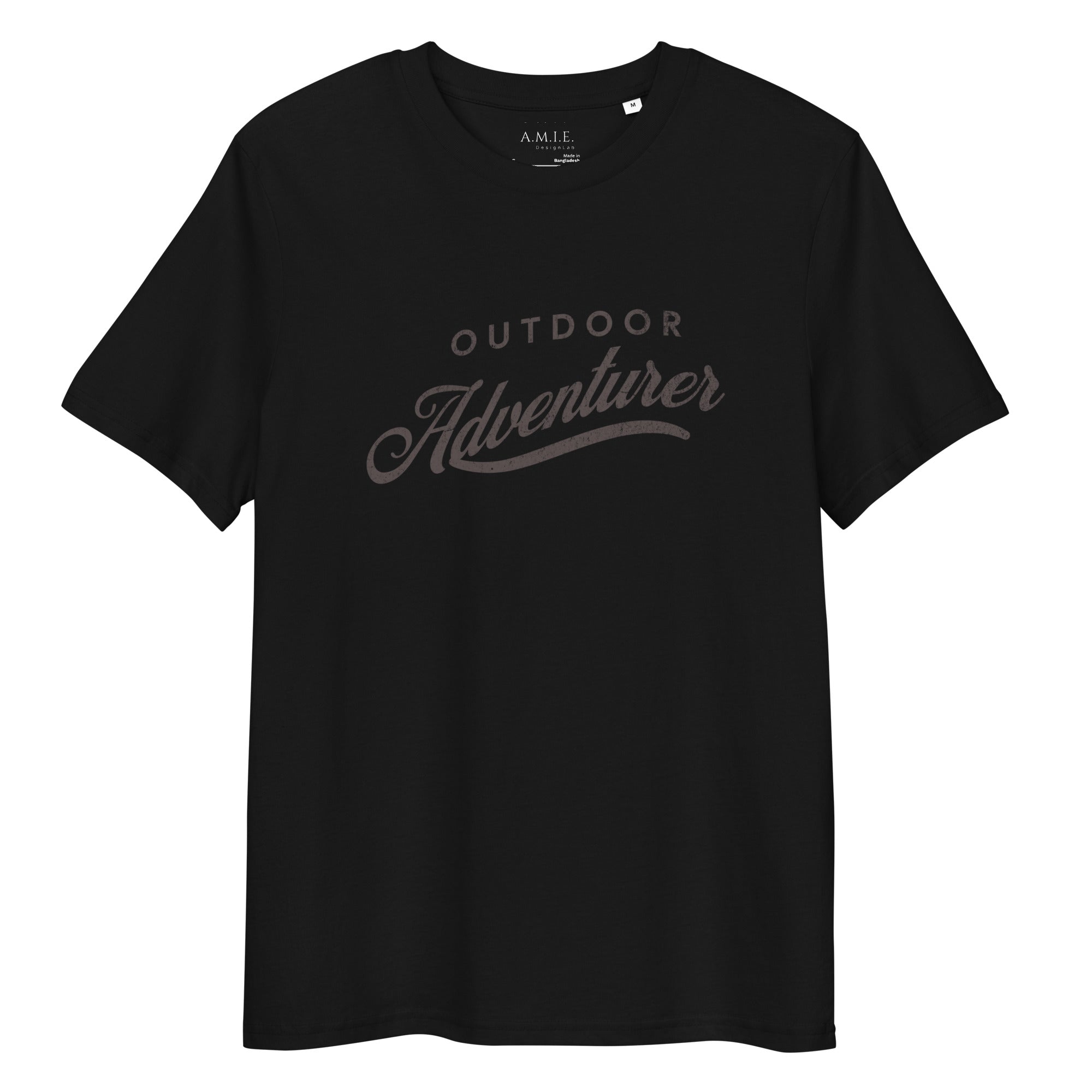 Unisex black organic cotton t-shirt with Outdoor Adventurer graphic text