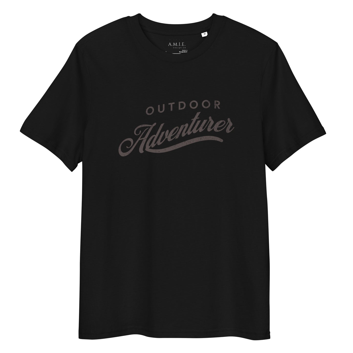 Unisex black organic cotton t-shirt with Outdoor Adventurer graphic text