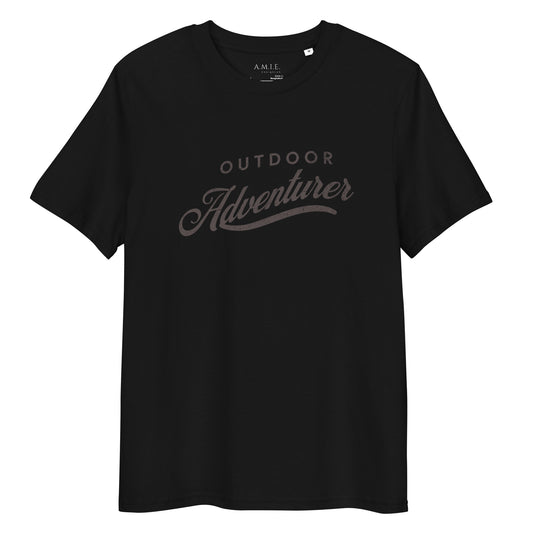 Unisex black organic cotton t-shirt with Outdoor Adventurer graphic text