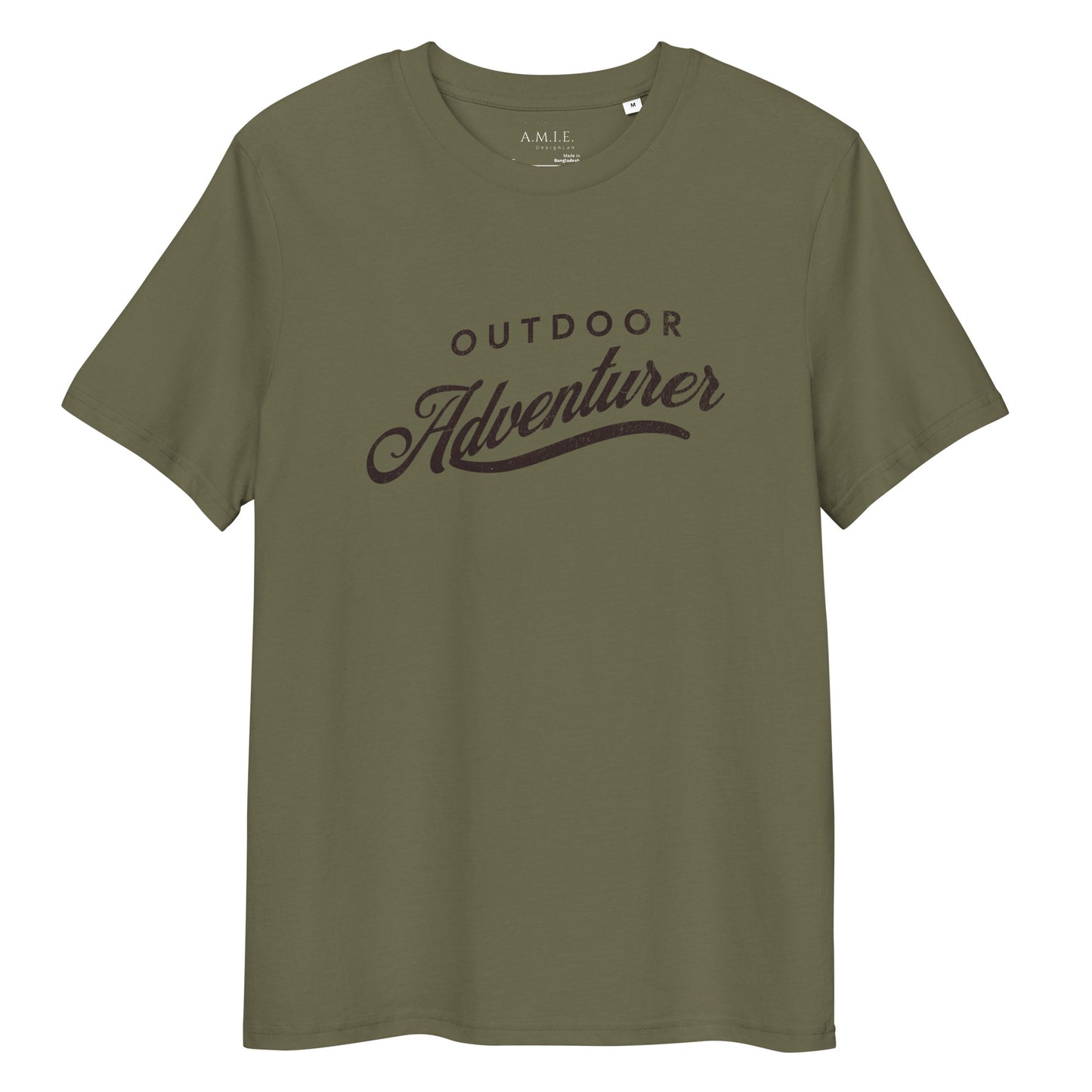 Unisex khaki organic cotton t-shirt with Outdoor Adventurer graphic text
