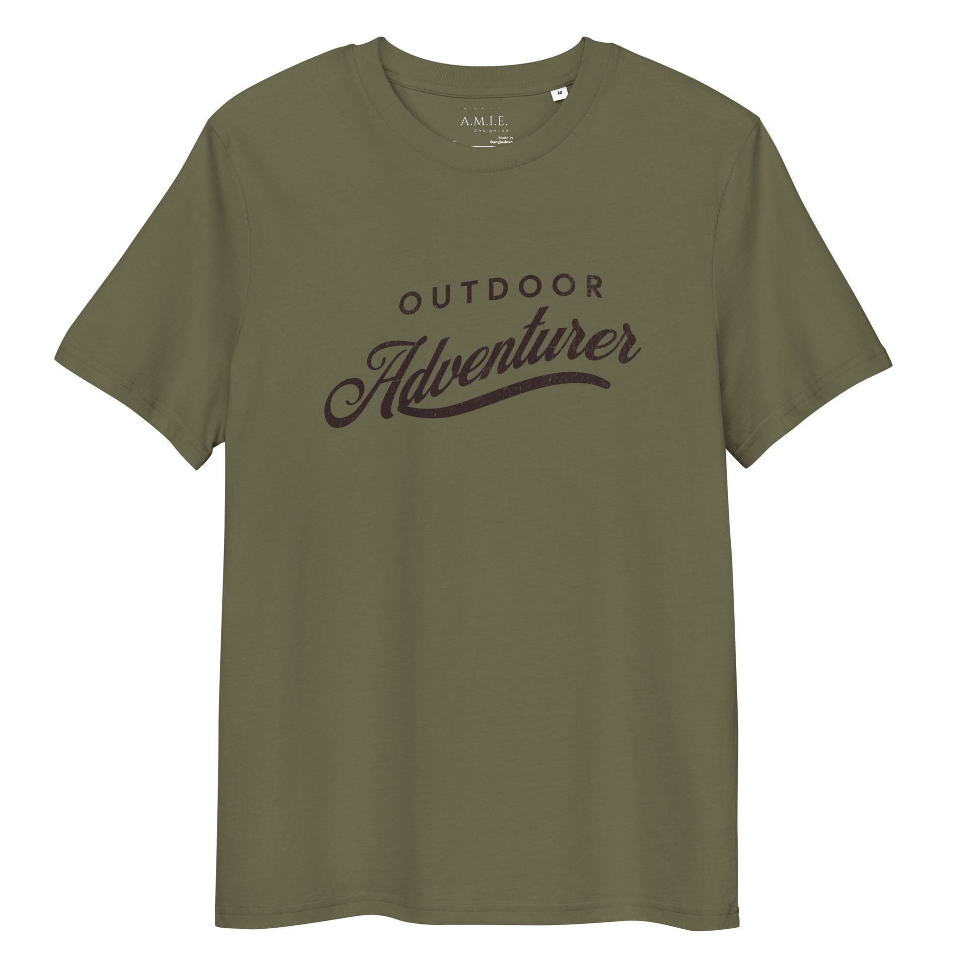 Unisex khaki organic cotton t-shirt with Outdoor Adventurer graphic text