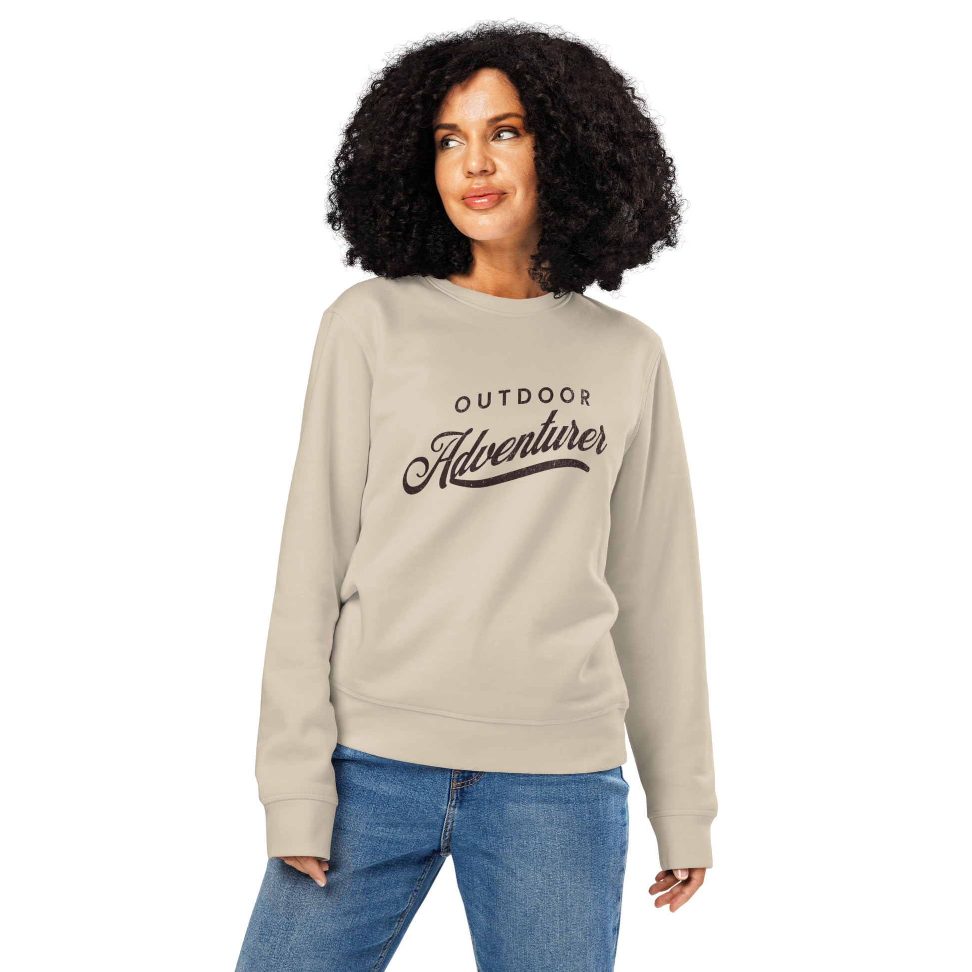 Desert Dust sweatshirt with “Outdoor Adventurer” text design in vintage script, unisex organic mid-weight style on model.
