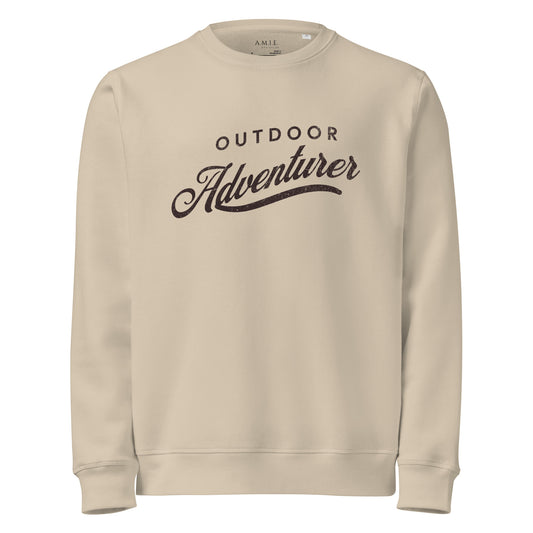 Desert Dust sweatshirt with “Outdoor Adventurer” text design in vintage script, unisex organic mid-weight style.